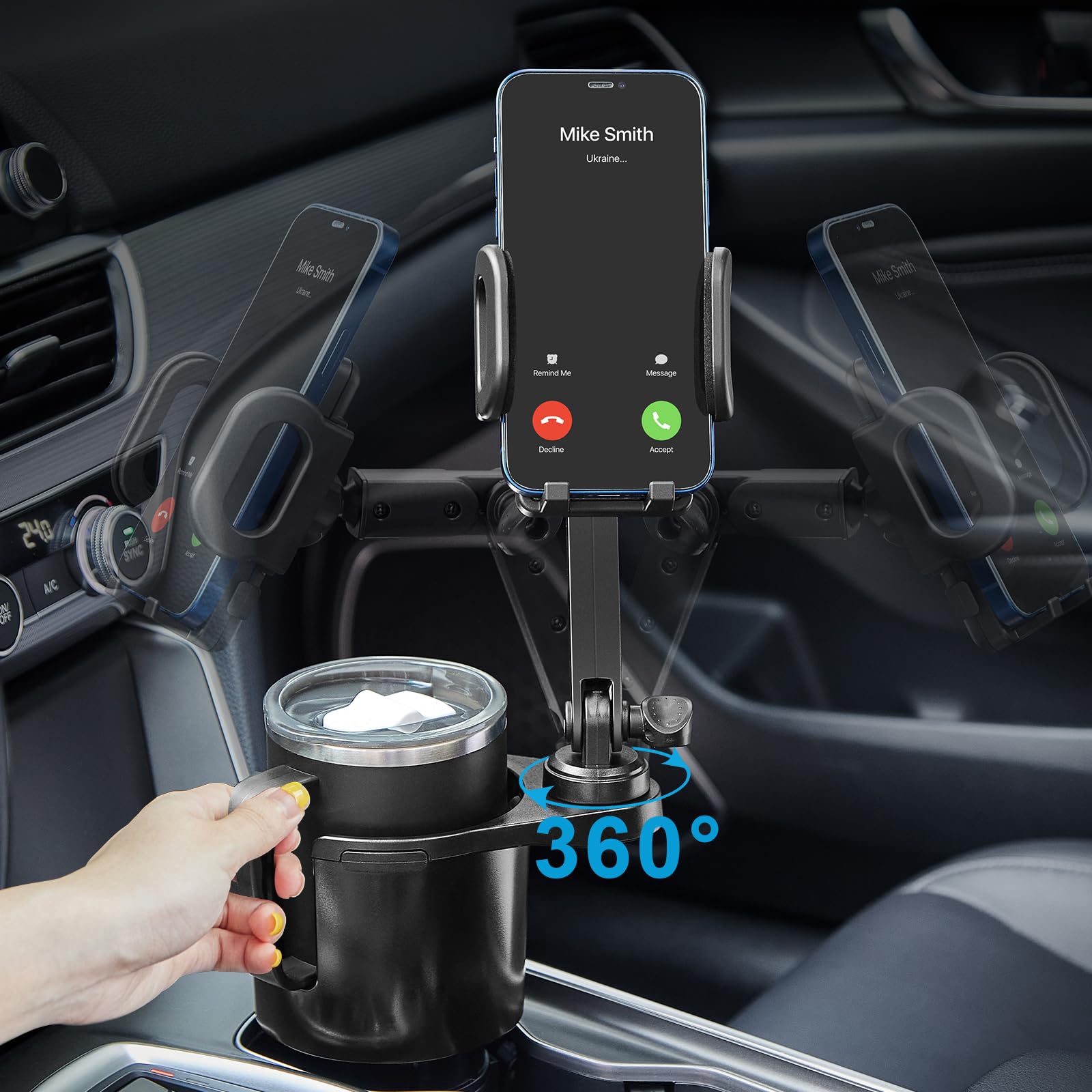 360° Rotating Cup Holder Phone Mount for Car - 2-in-1 Cup Expander & Long Arm Smartphone Holder - Universal Fit for All Phones - Perfect for Road Trips & Daily Commutes