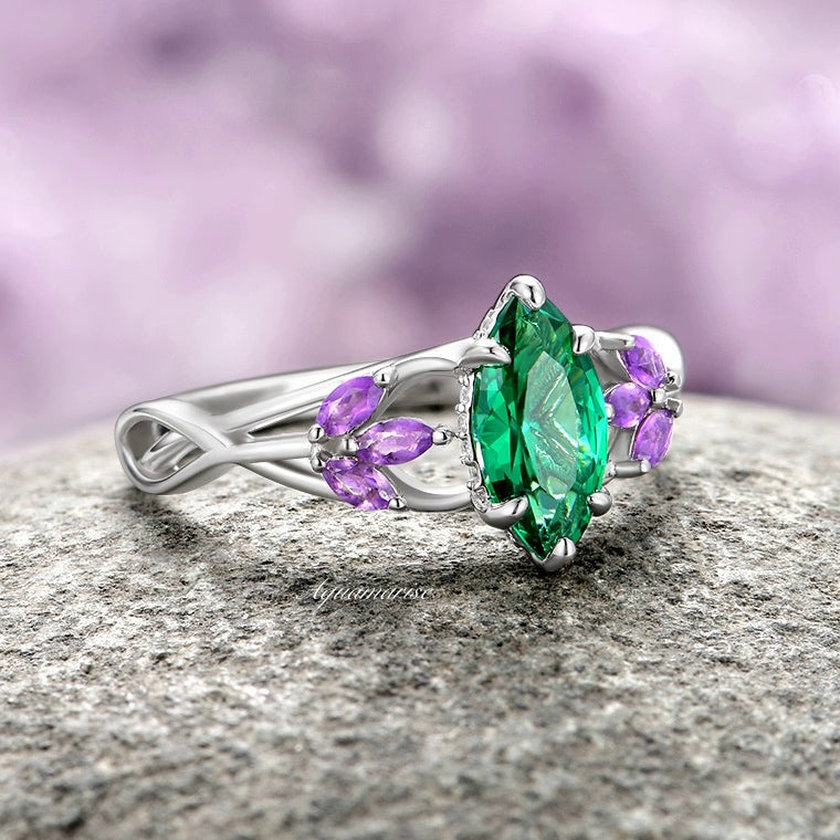 14K White Gold Emerald & Amethyst Mystical Fairy Ring - Elegant Birthstone Jewelry for Women, Perfect for Weddings, Anniversaries & Special Occasions