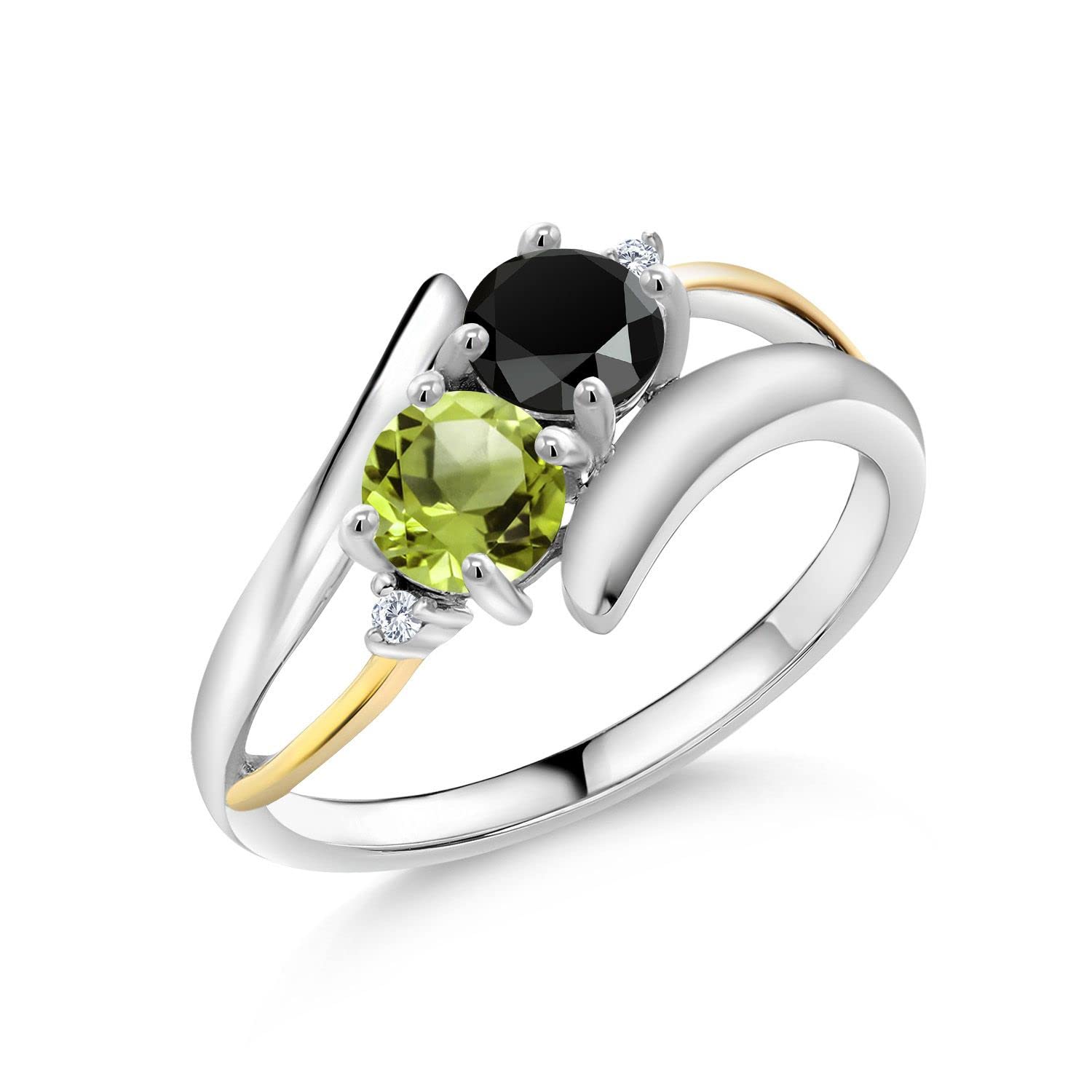 1.05 Ct Round Black Onyx & Green Peridot Ring in 925 Sterling Silver & 10K Yellow Gold - Elegant Gemstone Jewelry for Women, Perfect for Weddings, Anniversaries & Special Occasions