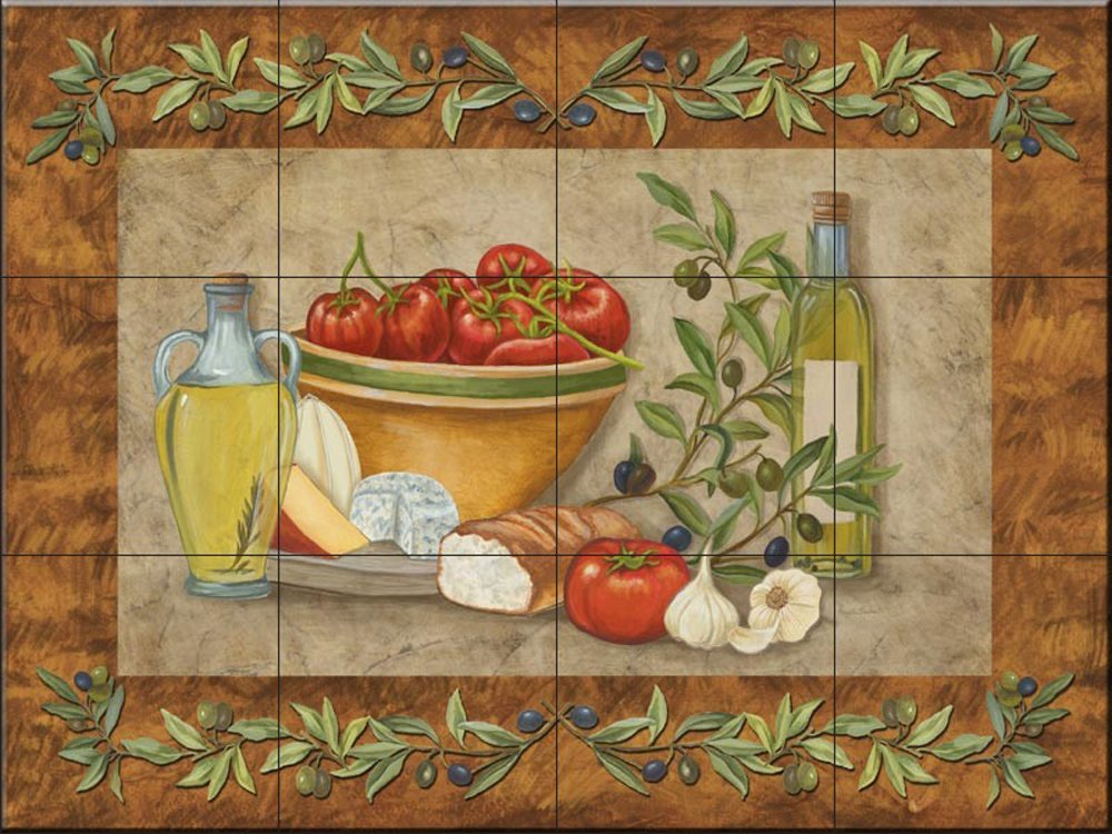 Ceramic Backsplash Tile Mural - Tuscany Treats I by Mary Lou Troutman | Hand-Painted Kitchen Wall Decor for Tuscan & Mediterranean Style Homes | Perfect for Kitchen Renovation & Backsplash Upgrade