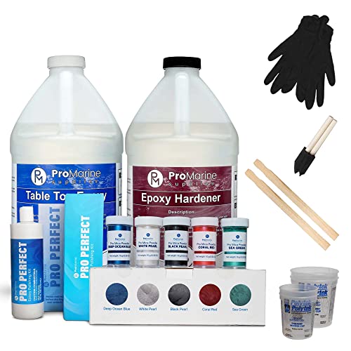 **Pro Marine Supplies Crystal Clear Table Top Epoxy Kit (2-Part 1-Gallon) with Mica Powder (5 Colors) & Polishing Kit (16 oz) – DIY Resin for Countertops, Bar Tops, Art & Woodworking**