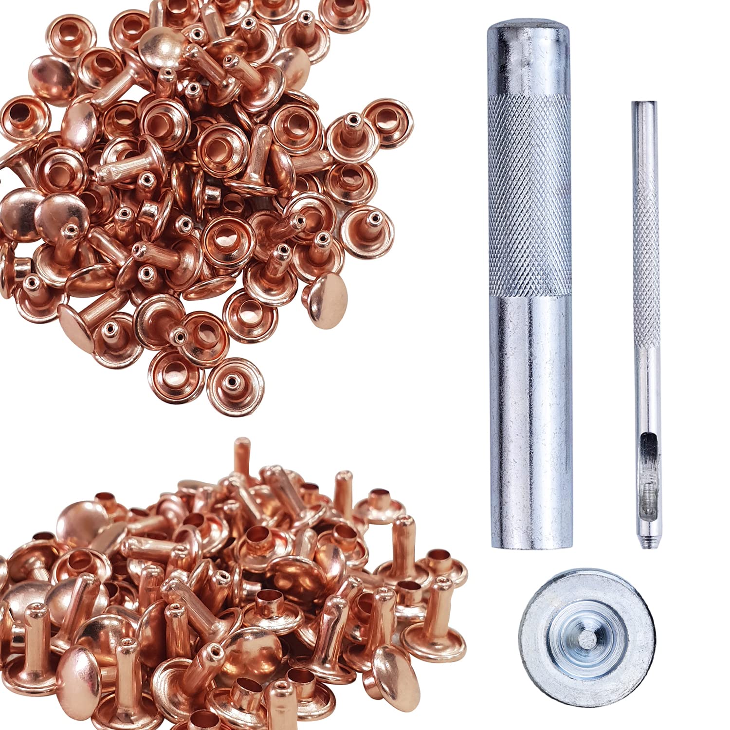 100 Set Rose Gold Leather Rivets with Fixing Tools - 10mm Double Cap Tubular Metal Studs & 3-Piece Hand Tool Kit for Leathercraft, DIY Clothing Repair, Handbag Making - Perfect for Crafting, Shoe Repair & Accessory Design
