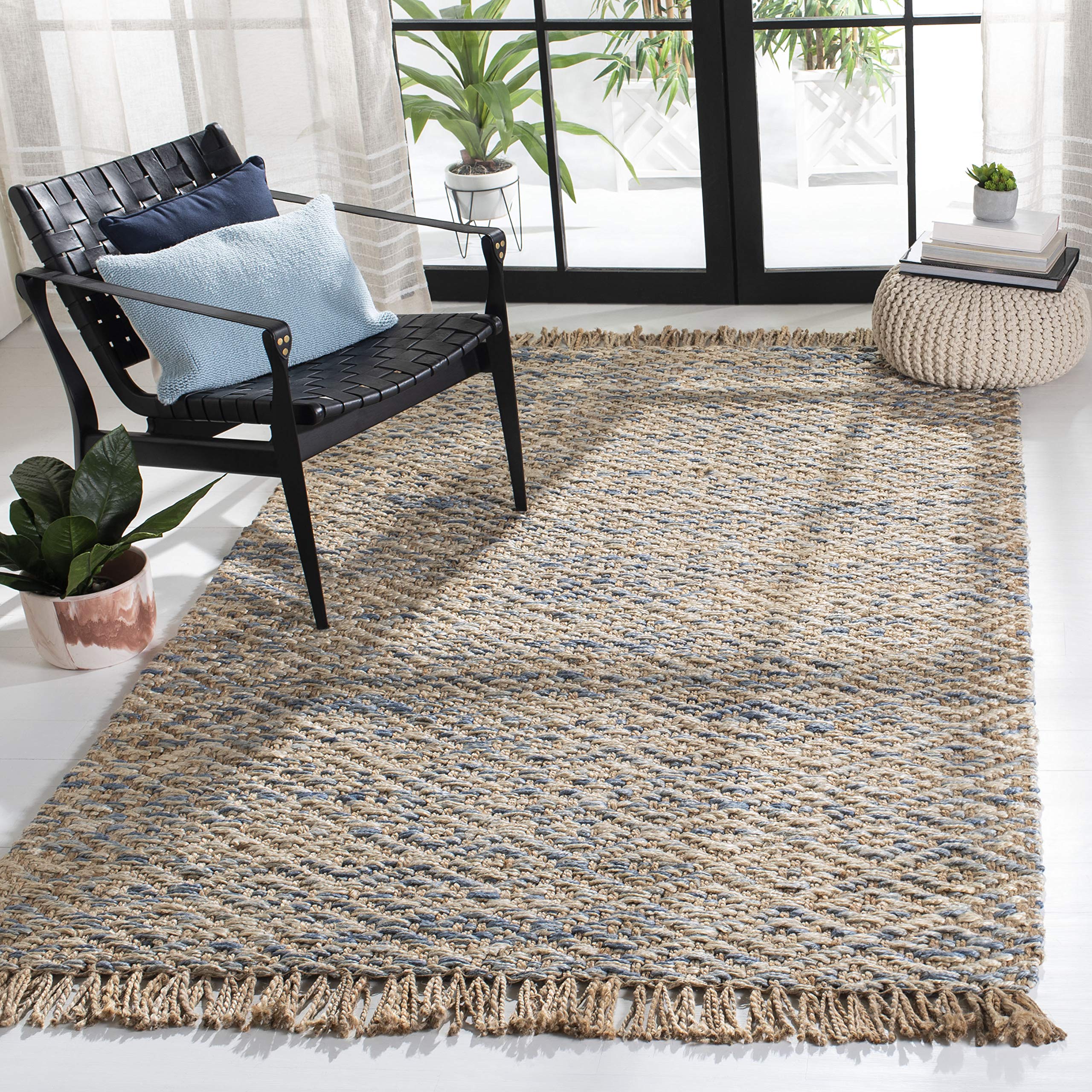 SAFAVIEH Handmade Woven Jute Area Rug 5' x 8' - Natural & Blue, Fringe Detail, Eco-Friendly Natural Fiber for Living Room, Bedroom & High Traffic Areas | Durable Floor Decor for Cozy Home & Office Spaces (NF822A)