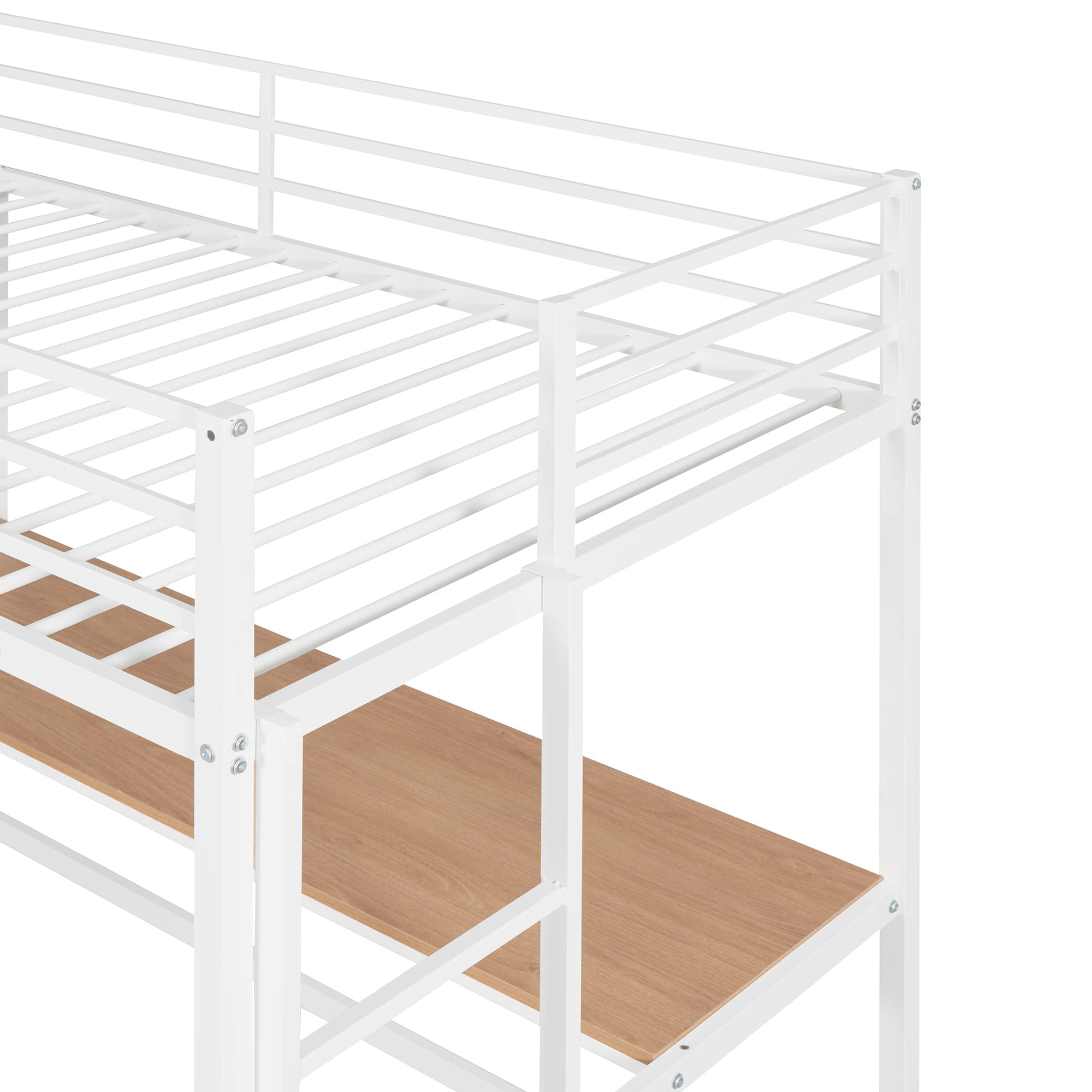 Twin Size Loft Bed with Desk & Storage - Heavy Duty Metal Frame for Kids - Safety Guardrail & Space Saving Design - Perfect for Small Bedrooms, Dorms & Studio Apartments (White)