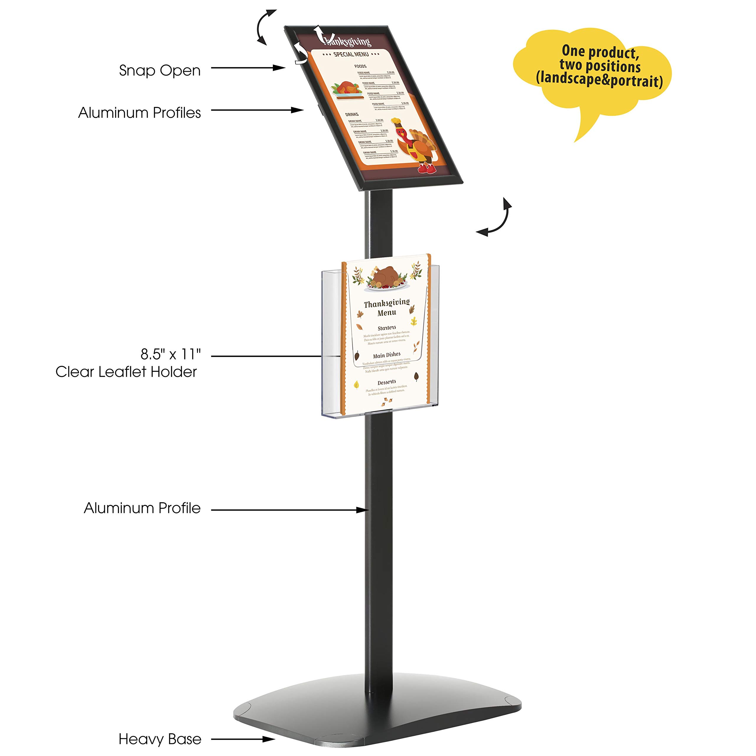 Black Aluminum Floor Standing Sign Holder - 8.5x11 Inch Front Loading Brochure Display for Posters & Advertisements | Easy Open Pedestal for Retail Stores, Restaurants & Trade Shows