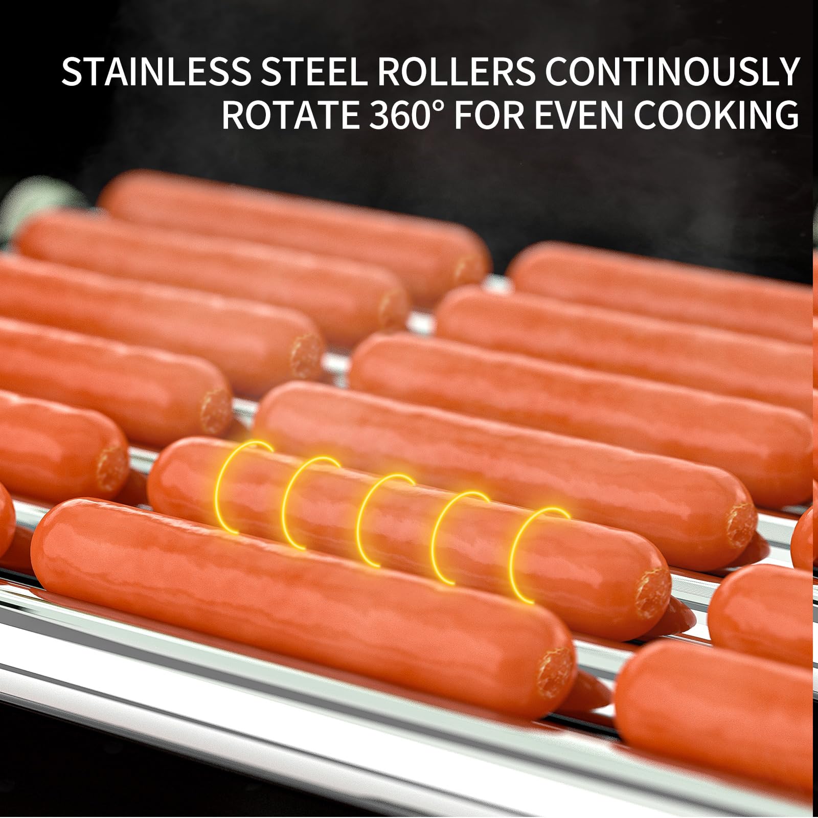 7-Roller Hot Dog Grill Machine - 18 Hot Dogs Capacity, 1050W Stainless Steel Sausage Cooker with Dual Temperature Control, Glass Hood & Bun Warmer - Perfect for Restaurants, Food Trucks, and Home BBQs