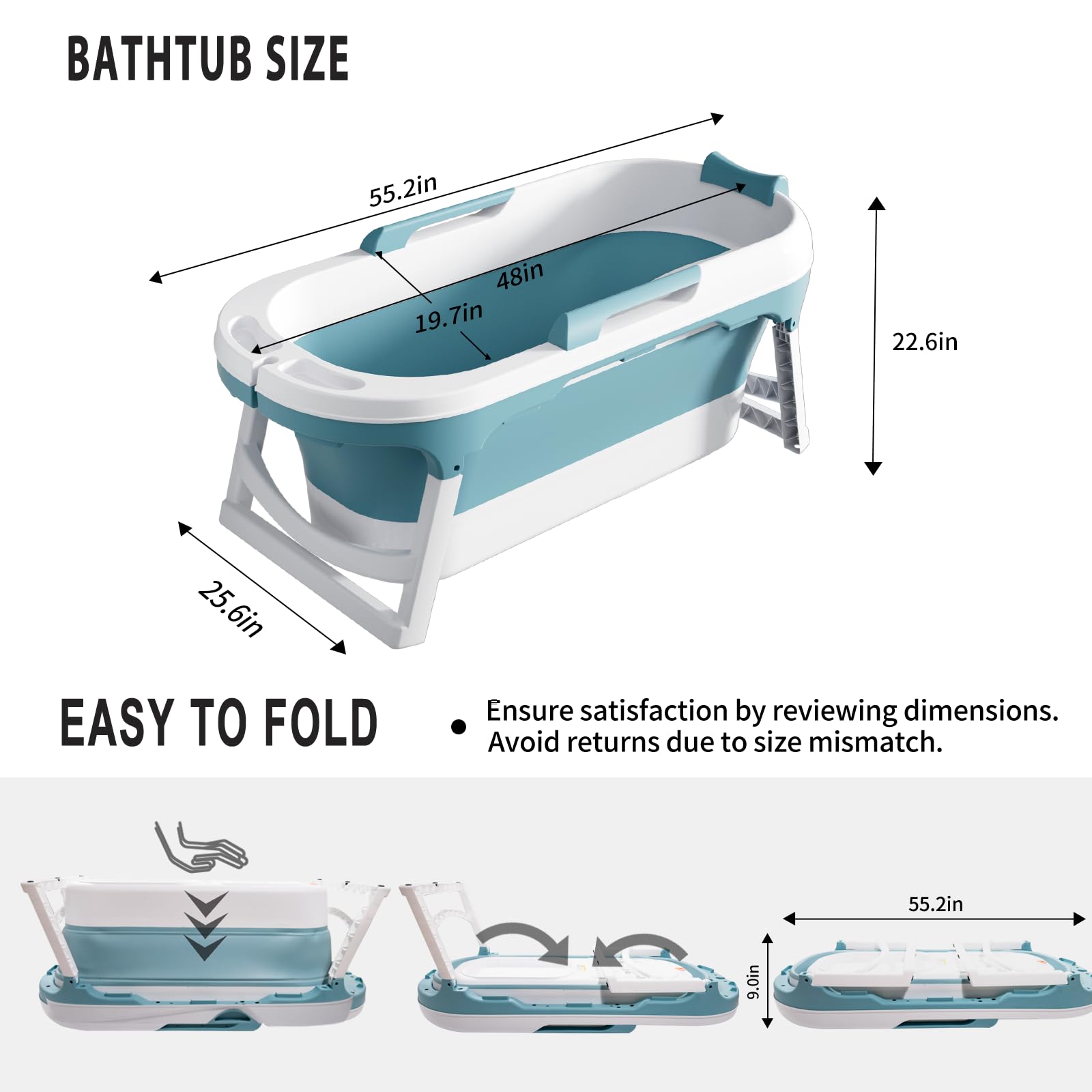 KAIYAN 55 Inch Portable Foldable Bathtub for Adults - Collapsible Freestanding Soaking Tub with Lid & Neck Pillow - Perfect for Hot Baths, Ice Baths, Steam Therapy & Relaxation at Home (Blue)