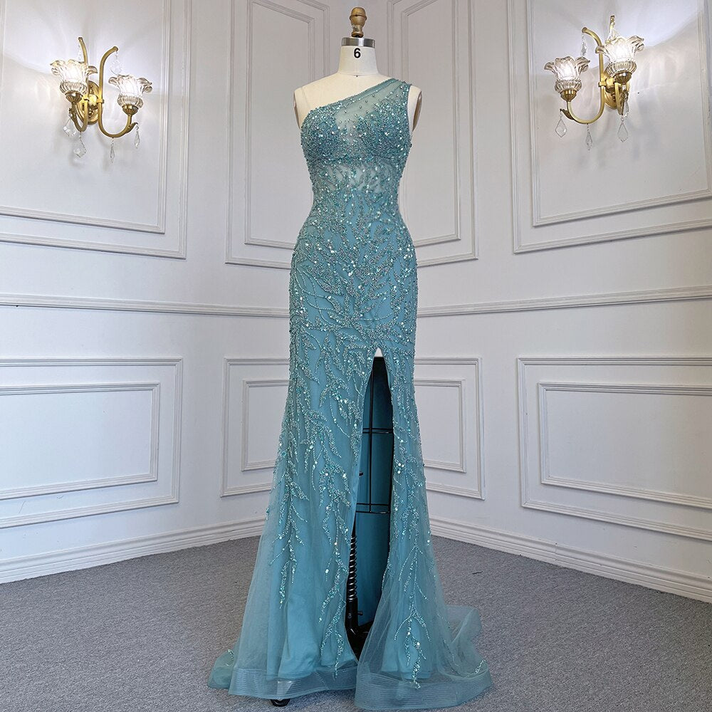 Serene Hill Turquoise Mermaid Evening Dress with Elegant Skirt & High Slit - Luxury Beaded Crystal Gown for Women 2025 | Perfect for Prom, Gala & Formal Events