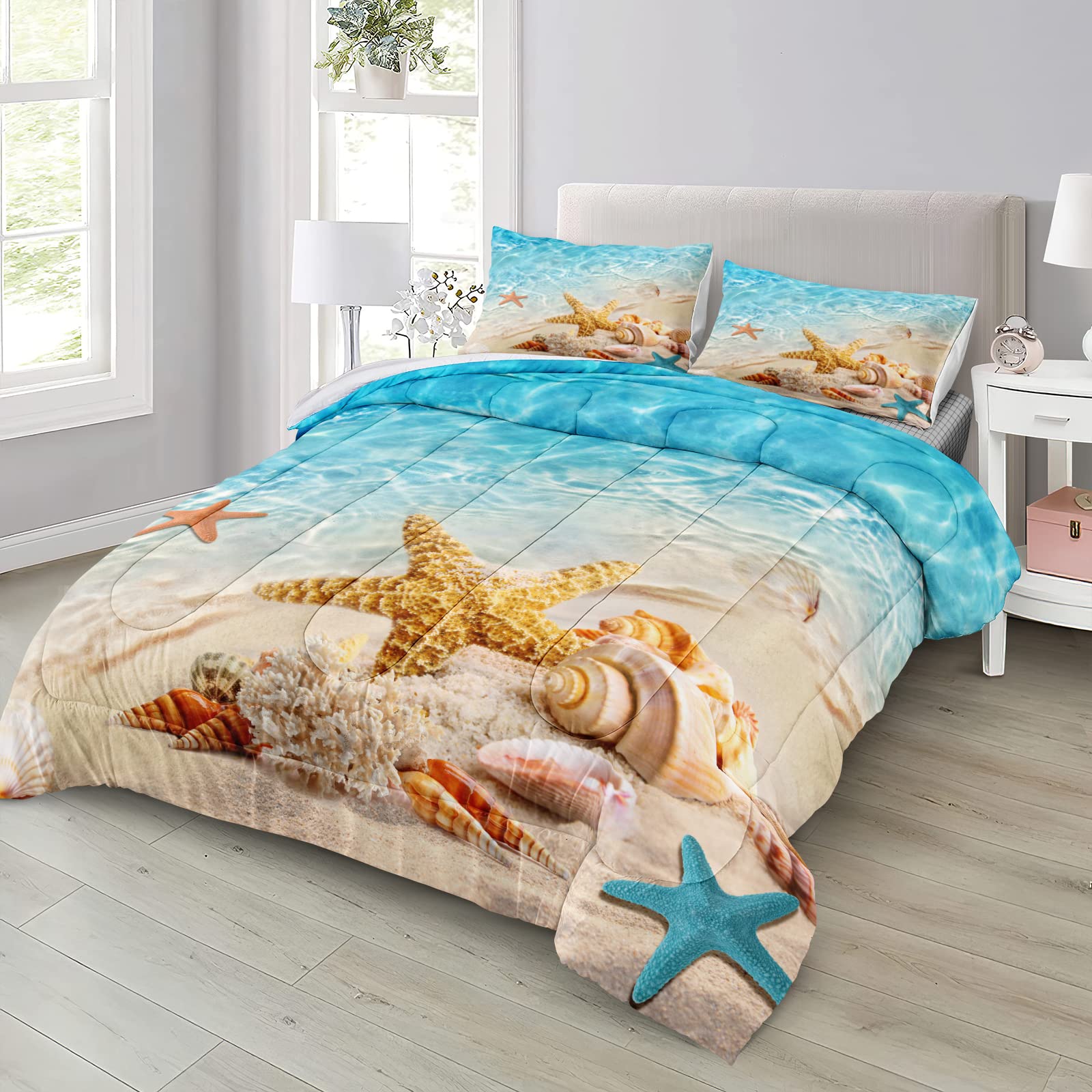 Queen Size Coastal Beach Theme Comforter Set - Turquoise Ocean Starfish Marine Life Bedding, Soft Microfiber 3-Piece Quilt Set (Aqua) | Perfect for Beach House, Guest Room & Coastal Decor