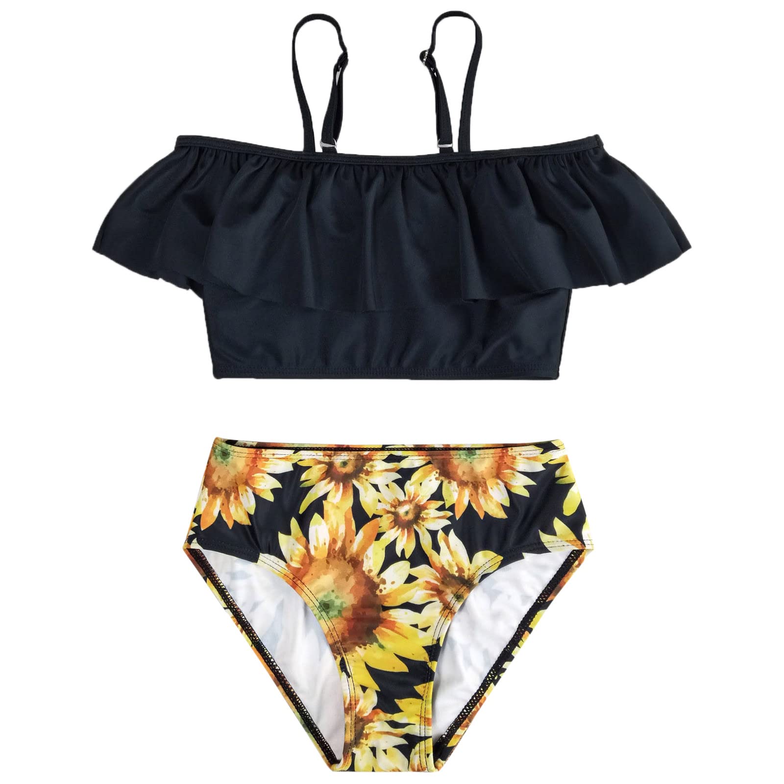 Viviplus Girls Off Shoulder Bikini Two Piece Swimsuit - Sunflower Print Bathing Suit with Crop Top & Swim Briefs | Beach Vacation, Pool Party, Summer Swimwear for Teens