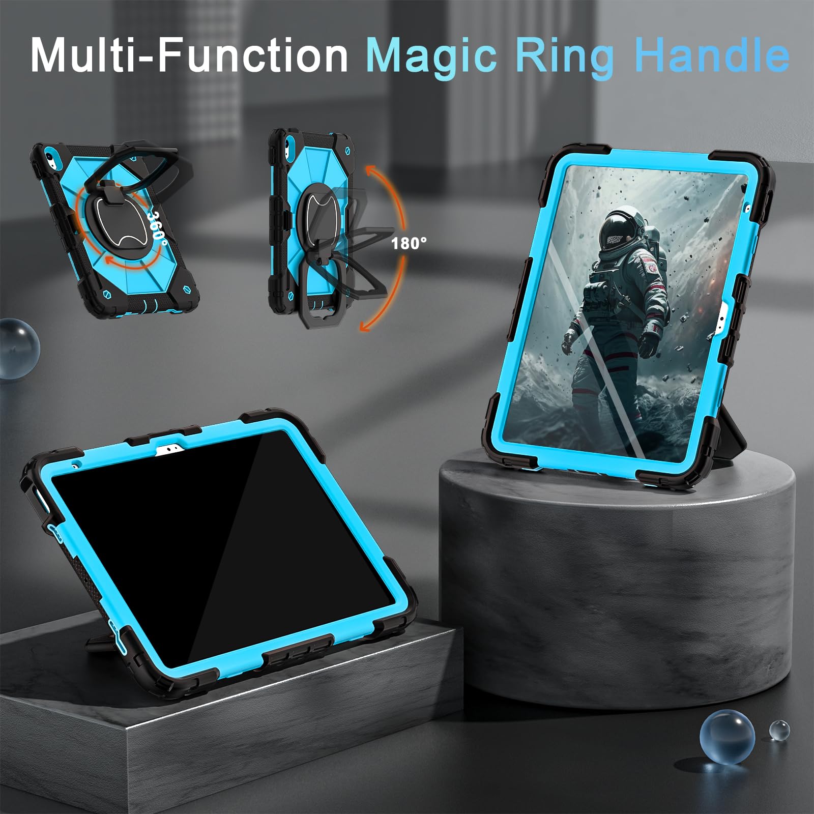 **Military Grade Shockproof iPad Case for 11th/10th Gen iPad (10.9/11 Inch, 2025/2022) - Rotating Stand, Shoulder Strap, Pencil Holder & Screen Protector - Black & Blue - Perfect for Travel, Work & School**