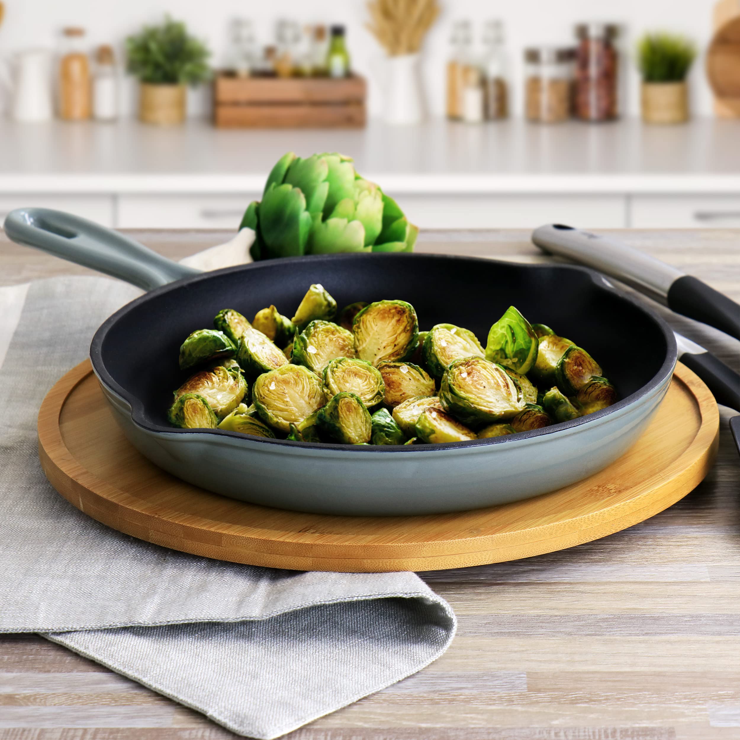 MegaChef 10.25 Inch Round Enameled Cast Iron Skillet - Gray Dutch Oven for Baking, Roasting & Searing - Perfect for Stovetop, Oven & Camping Cooking
