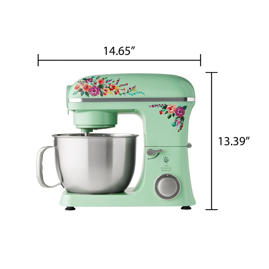 Pioneer Woman 5 Qt 600W 6-Speed Stand Mixer with Beater, Dough Hook & Whisk - Dishwasher Safe, Durable Die-Cast Metal Body - Perfect for Baking Cakes, Cookies & Bread at Home