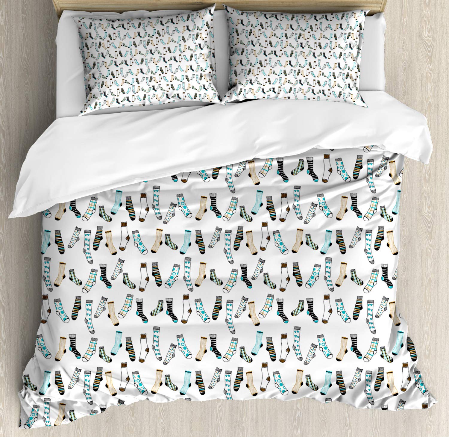 Ambesonne Cartoon Duvet Cover Set - Funny Laundry Themed Art with Socks Design, 2-Pack Queen Size Bedding Set Includes 2 Duvet Covers & 4 Pillowcases in Dark Blue Beige | Perfect for Teen Bedrooms, Dorm Rooms & Quirky Home Decor