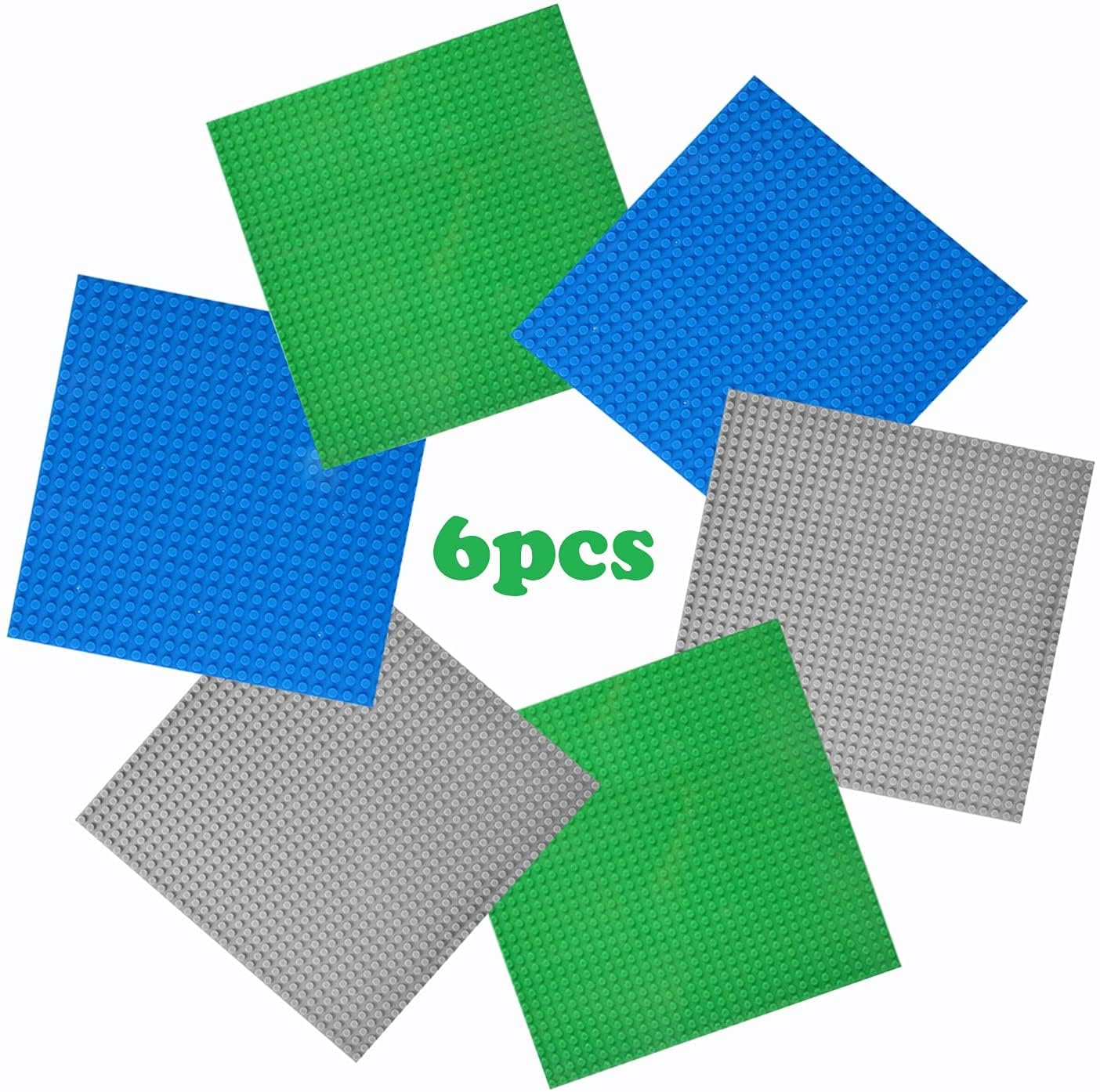 6 Pack Lego-Compatible Base Plates 25.5x25.5cm - Multicolor (Green-Blue-Gray) Building Blocks for Kids - Perfect for LEGO Creations, DIY Projects & Playroom Organization
