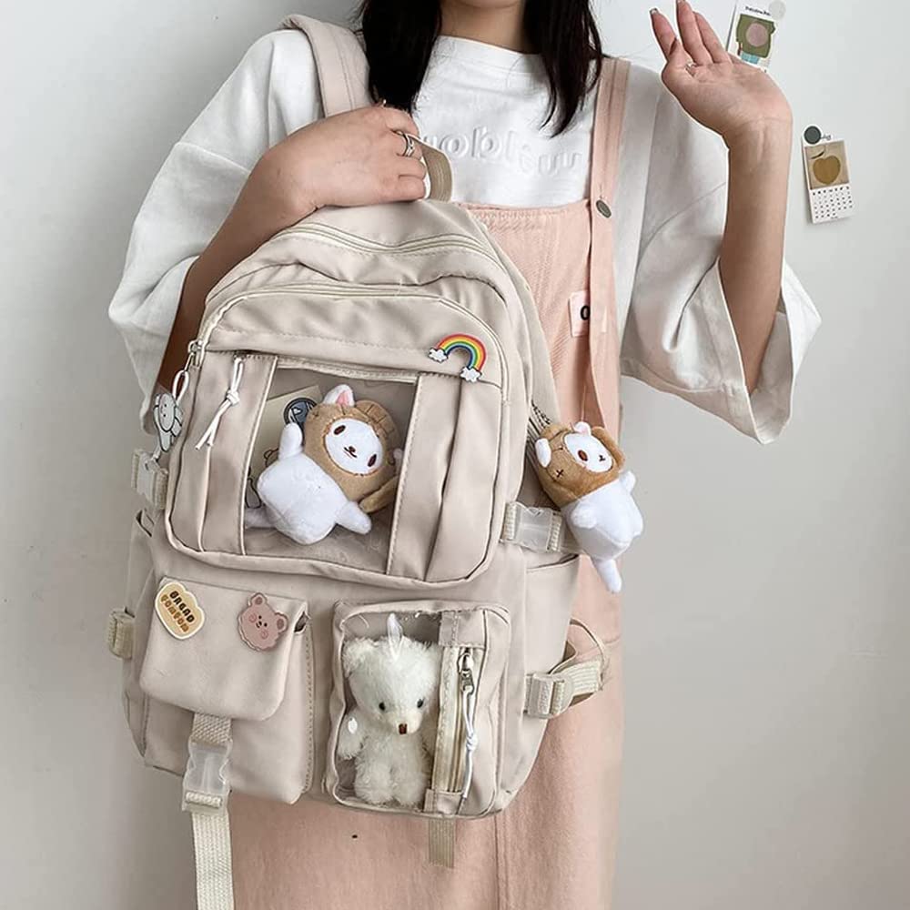 Preppy Kawaii Backpack for Girls with Pin & Accessories - School & Travel (Khaki)