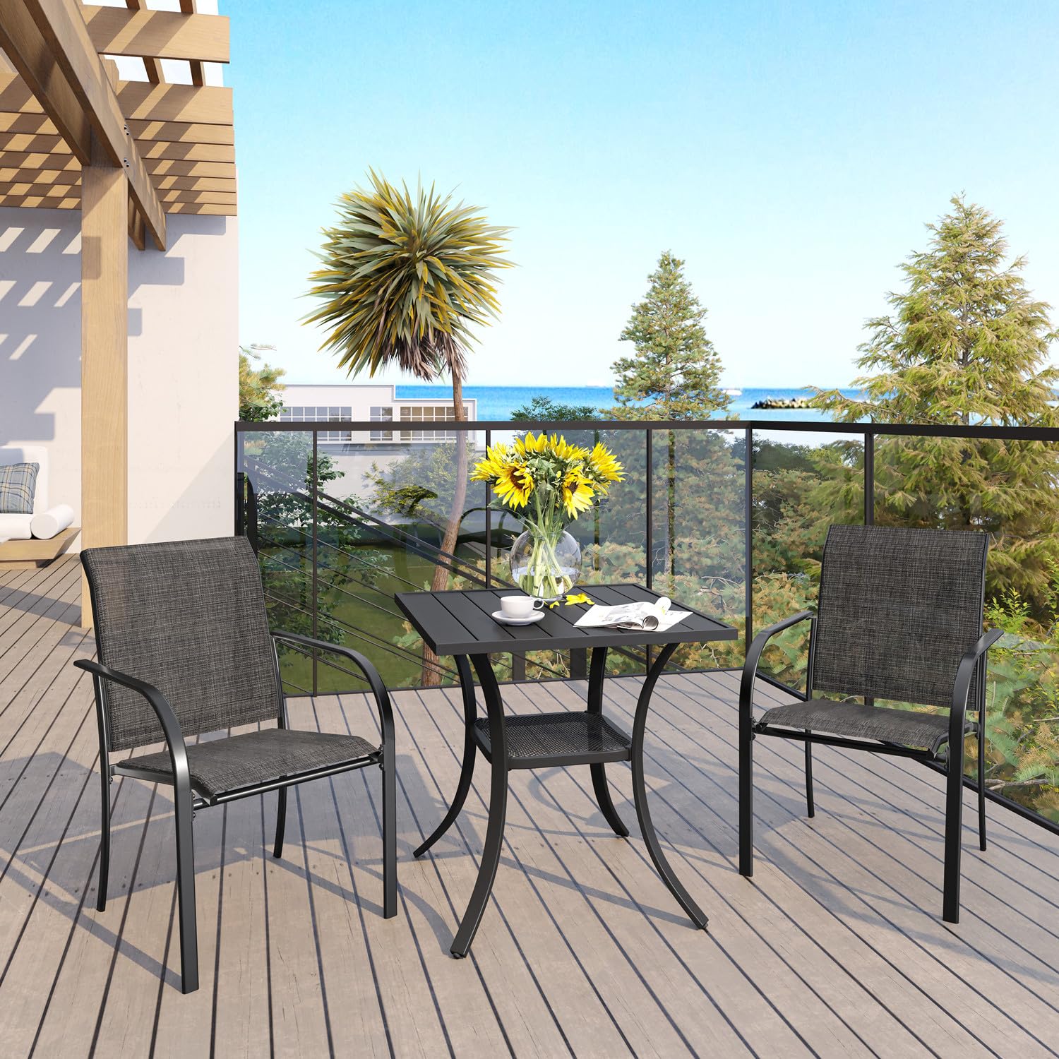 VICLLAX 3-Piece Outdoor Dining Set for 2 - Small Patio Table & 2 Stackable Sling Chairs - Black Table with Gray Chairs - Perfect for Balcony, Garden, Backyard & Small Spaces