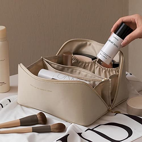 Large Capacity Waterproof Leather Makeup Bag - Travel Cosmetic Organizer with Multiple Compartments, Portable Cosmetic Case for Women | Perfect for Air Travel, Gym & Daily Essentials Storage (White)