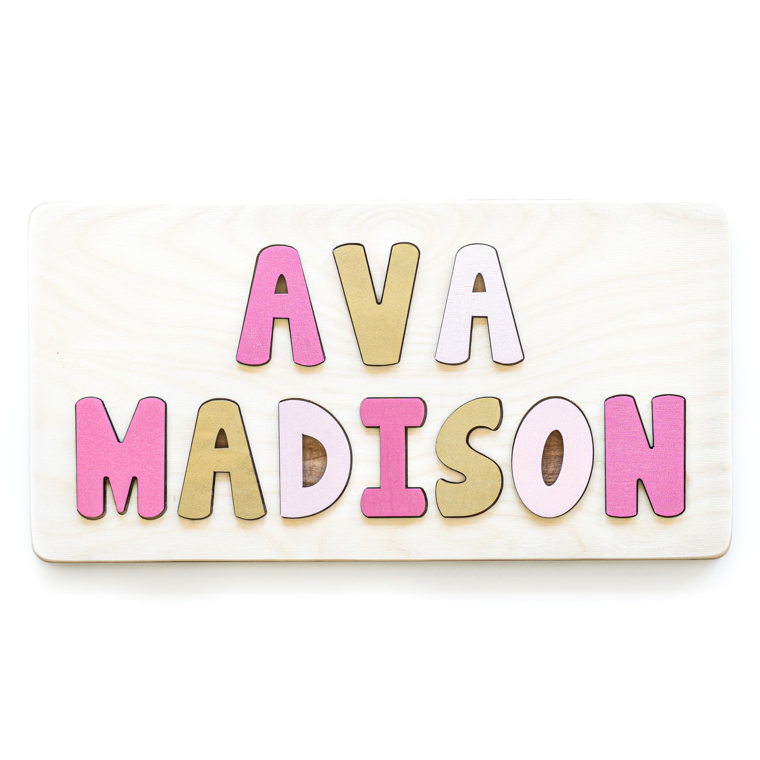Personalized Wooden Name Puzzle for Kids - Handmade in USA by Bloom Owl - Custom Baby Gift for Boys & Girls - Montessori Learning Toy - Perfect for Christmas, First Birthday & Nursery Decor (Pink & Gold)