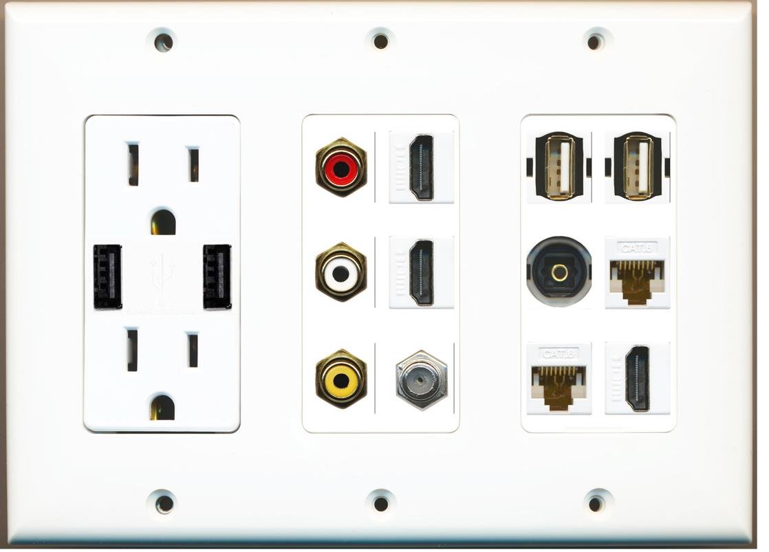 RiteAV 3 Gang Outlet Wall Plate with 2 USB Ports, 3 HDMI, Coax, 2 Cat6, Composite, Toslink - Multi-Port Charging Hub for Home Theater, Office & Gaming Setup