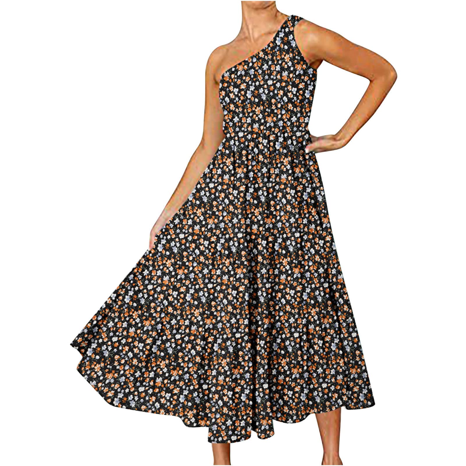 Boho Summer Maxi Dress for Women 2022 - One Shoulder Sleeveless Smocked Floral Print Casual Dress with V-Neck | Perfect for Beach Vacations, Music Festivals & Summer Parties