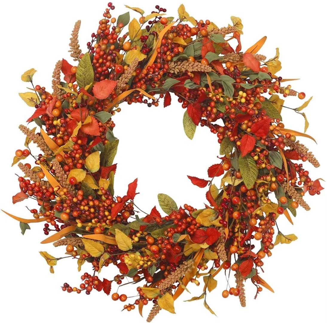 14 Inch Autumn Harvest Thanksgiving Wreath with Colorful Maple Leaves & Artificial Berries - Fall Door Decor for Thanksgiving, Halloween, Christmas | Perfect for Front Door, Wall, Mantel & Seasonal Party Decorations