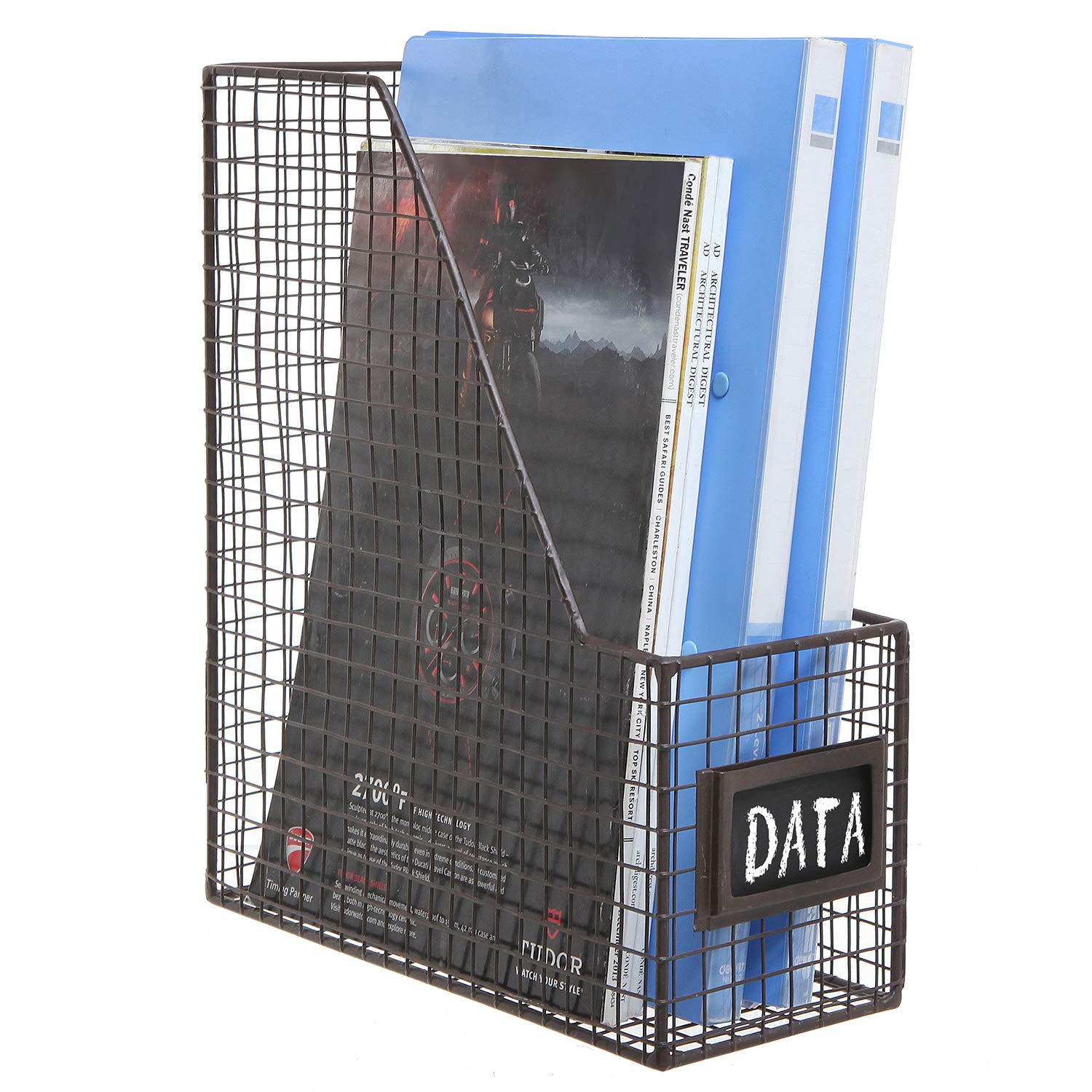 Rustic Brown Metal Wire Magazine Holder with Chalkboard Label - Set of 2 for Desktop Document & File Storage | Perfect for Home Office, School, Dorm Organization & Decoration