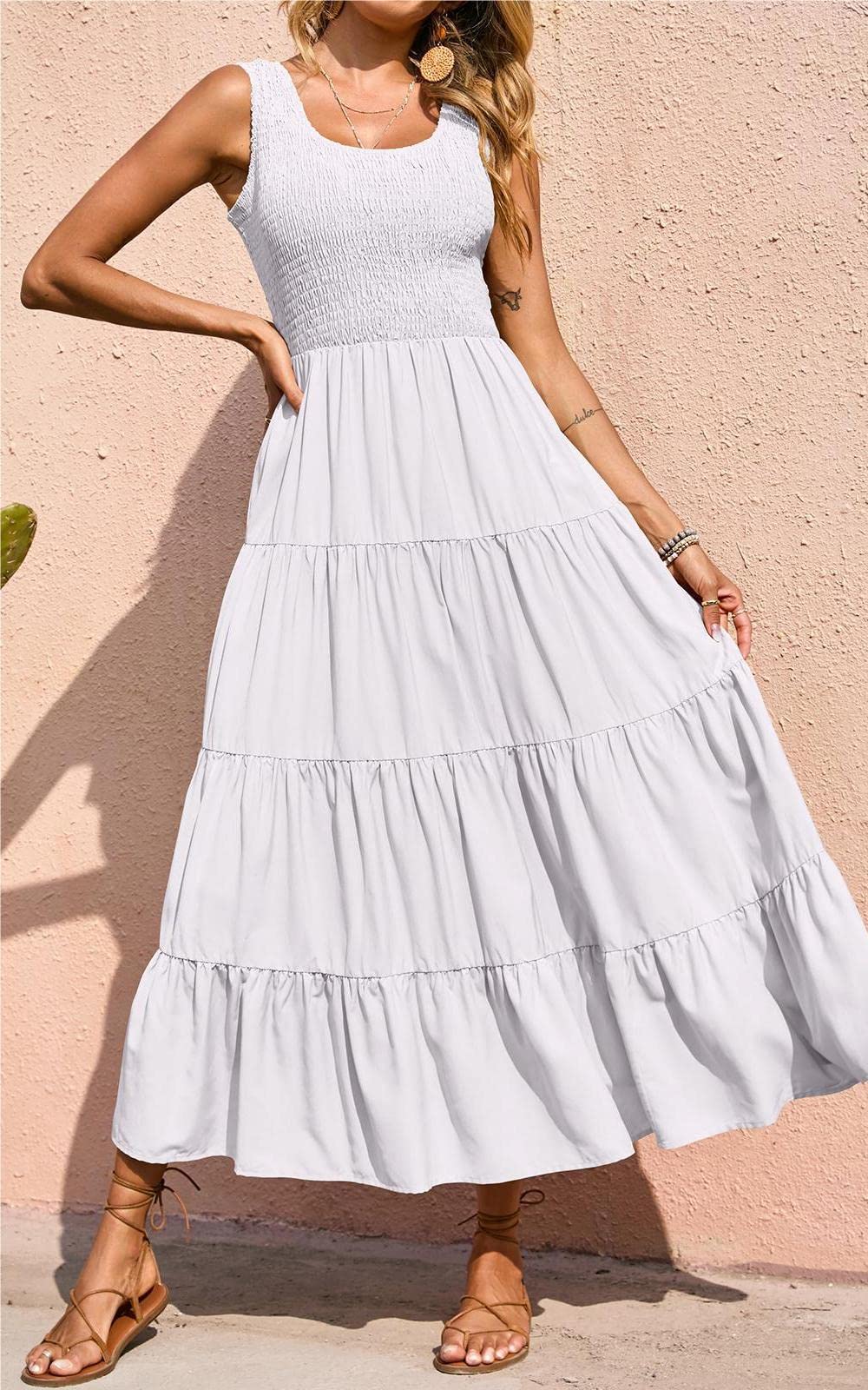 PRETTYGARDEN Women's Casual Loose Plain Maxi Sundress - Smocked Tank Dress Sleeveless Summer Beach Tiered Long Dress for Vacation, Pool Party & Outdoor Activities