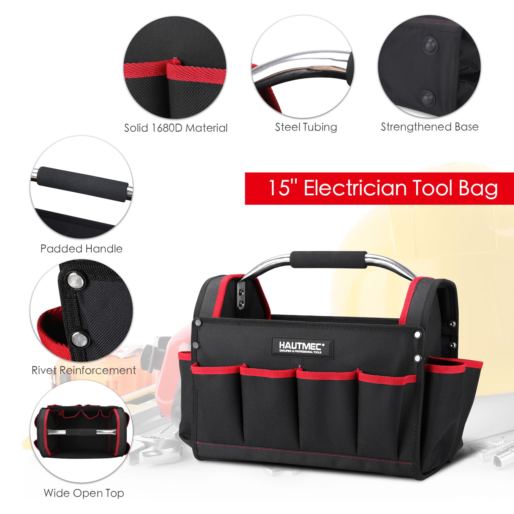 HAUTMEC 3-Piece Rolling Tool Bag Set – 18” Wheeled Tool Bag, 15” Electrician Tool Tote & 12” Wide Mouth Bag, 1680D Water-Resistant Heavy-Duty Portable Tool Storage Organizer – Perfect for Electricians, Contractors & DIY Home Improvement Projects – HT0287
