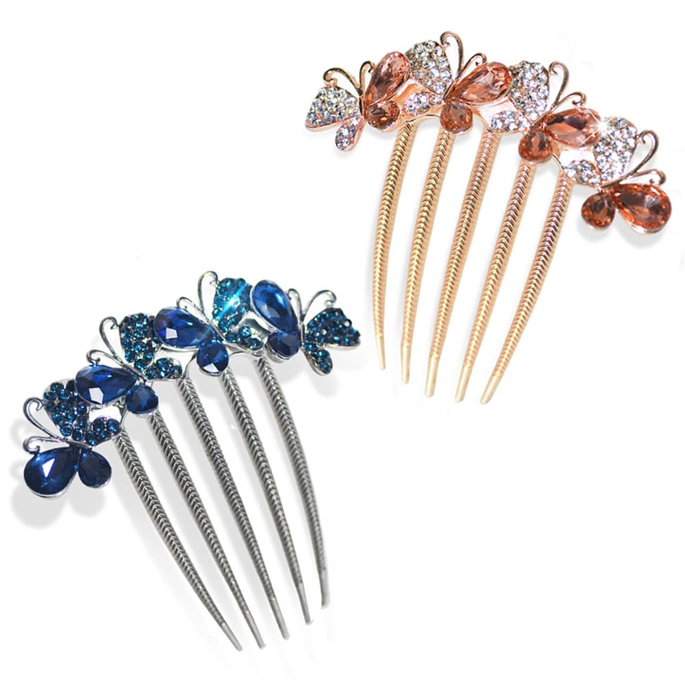 2 Pcs Vintage Butterfly Crystal Hairpins - Metal Retro Rhinestone Hair Comb for Women & Girls - Elegant Hair Accessories for Weddings, Parties & Special Occasions