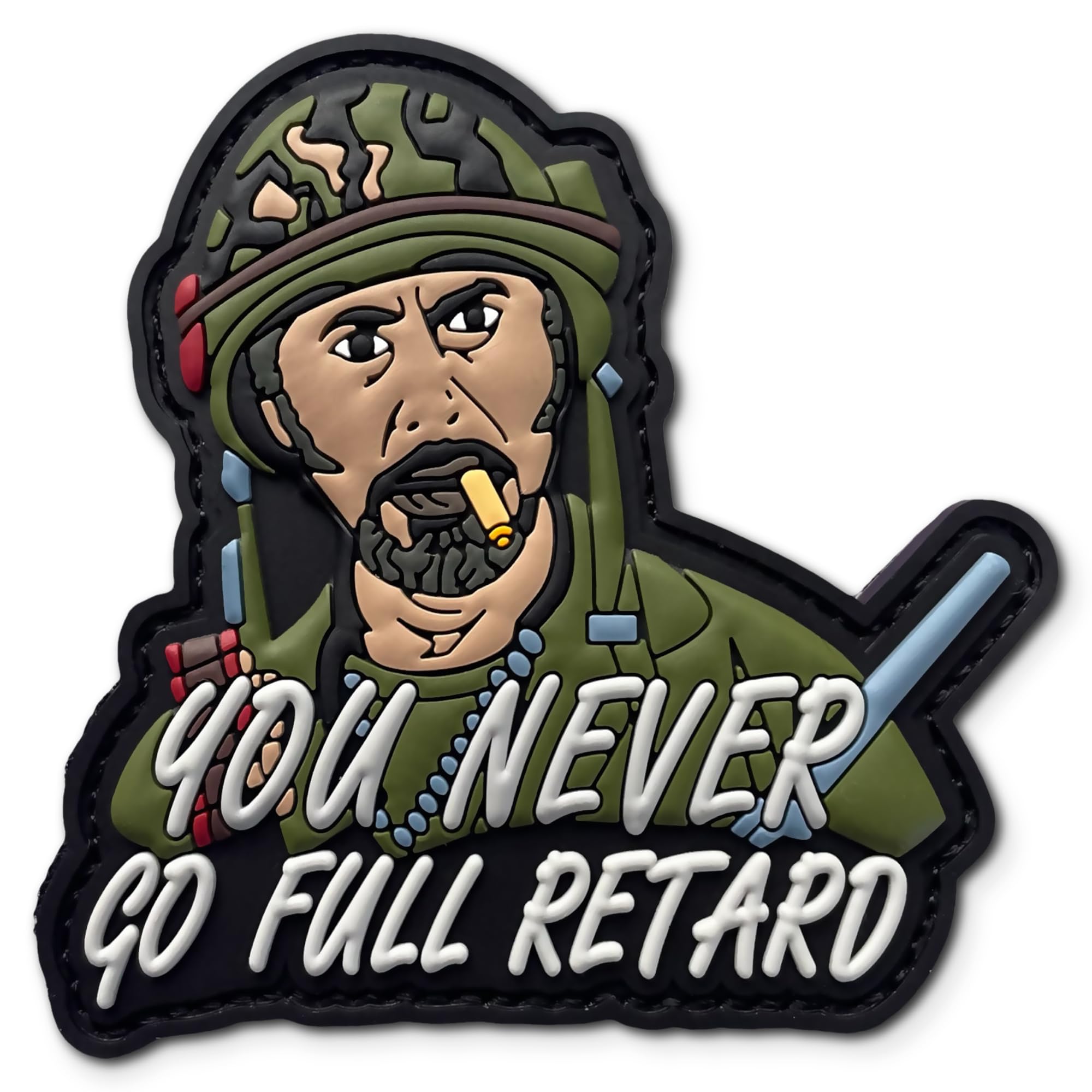Funny Tactical Military PVC Patch - 'Never Go Full Retard' Humorous Hook & Loop Morale Patch | Inspired by Tropic Thunder | Perfect for Backpacks, Helmets & Tactical Gear | Great for Military Enthusiasts, Airsoft Players & Outdoor Adventures