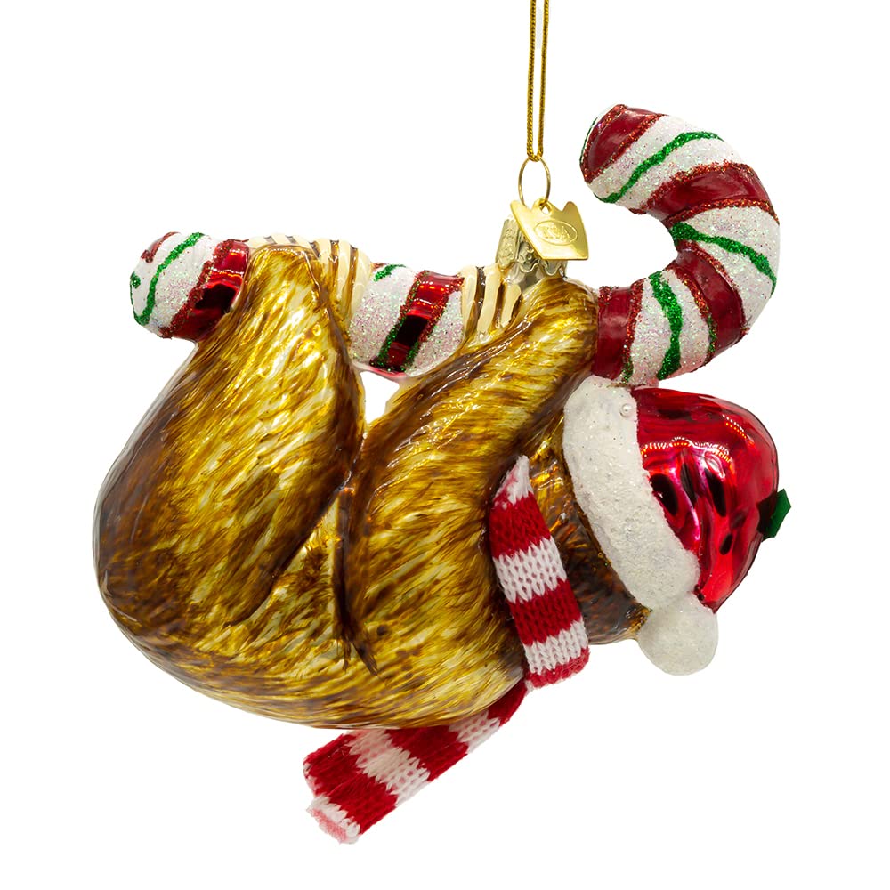 Noble Gems™ Glass Sloth Christmas Ornament with Candy Cane - Handmade Holiday Decor for Tree, Gift, and Festive Home Decorations