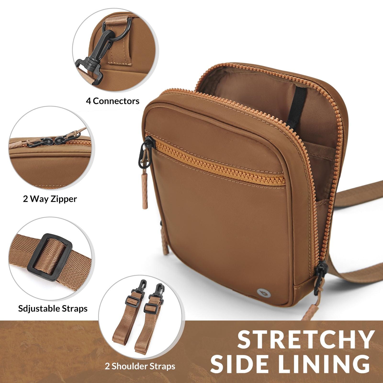 BALEAF Women's Small Crossbody Bag 1.5L - Roasted Brown Sling Purse, Travel Fanny Pack & Belt Bag for Everyday Use, Work, Gym, and Outdoor Activities