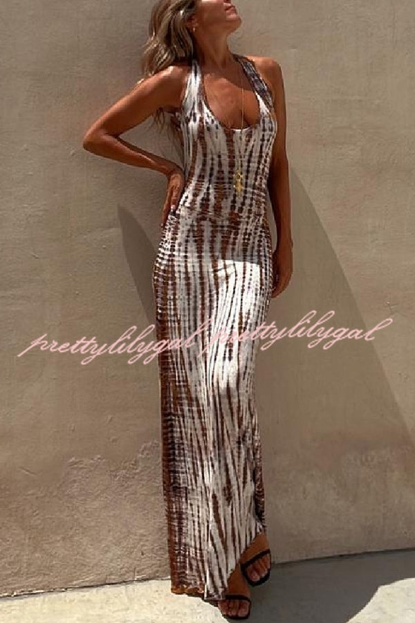 Tie Dye Print Back Lace Up Stretch Maxi Dress for Women - Boho Summer Beach Dress, Festival Outfit & Vacation Wear