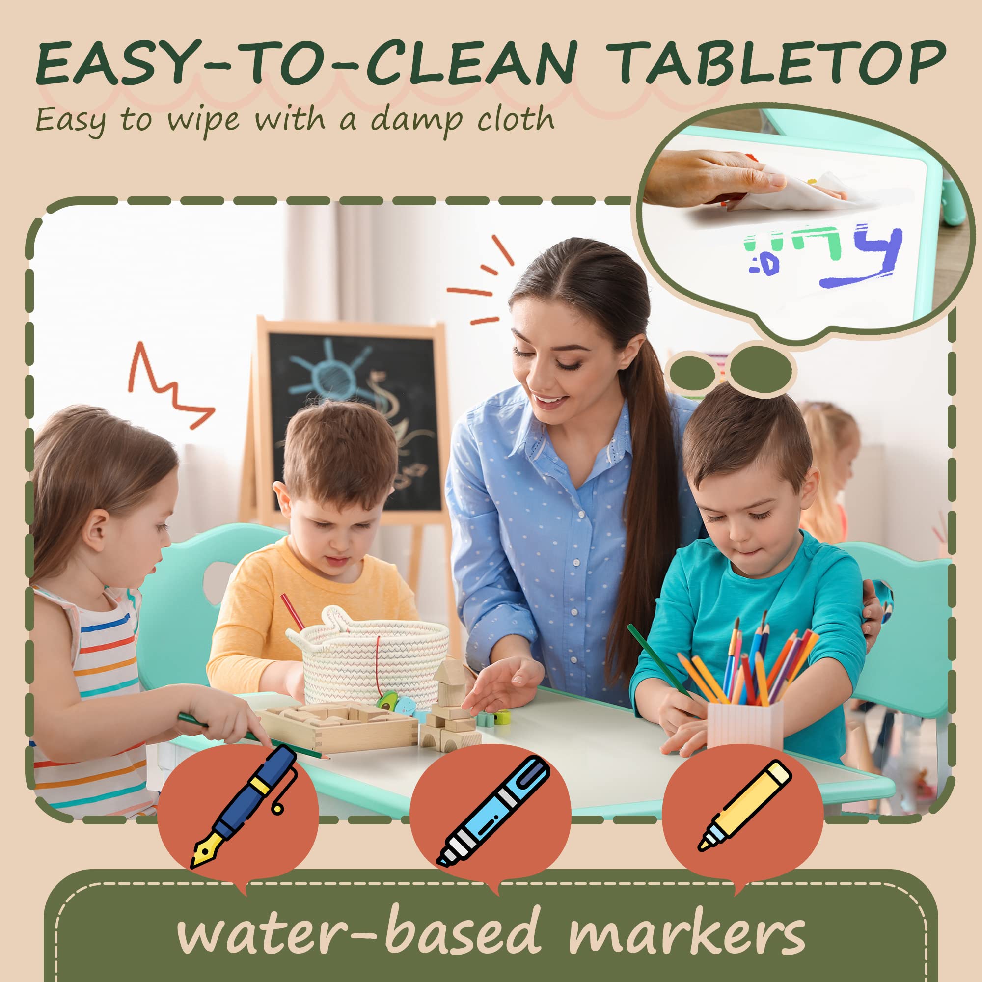 Qaba 5-Piece Adjustable Height Kids Table and Chair Set for Toddlers 1.5-5 Years - Perfect for Homeschooling, Snack Time & Playroom Activities - Green