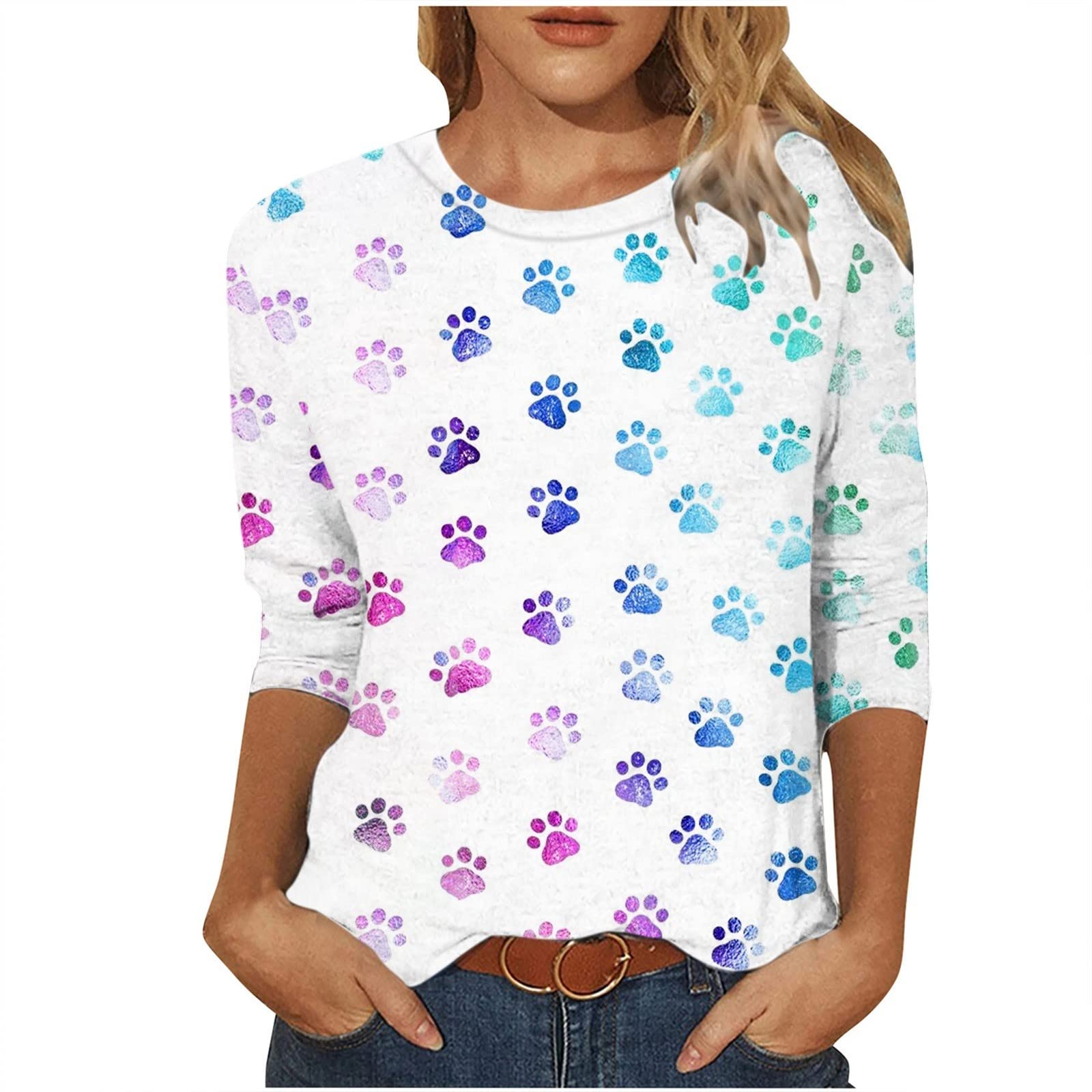 Women's Summer Tops - Round Neck 3/4 Sleeve T-Shirt with Geometric Print | Plus Size Casual Loose Blouse for Everyday Wear | Perfect for Work, Weekend & Vacation Outfits