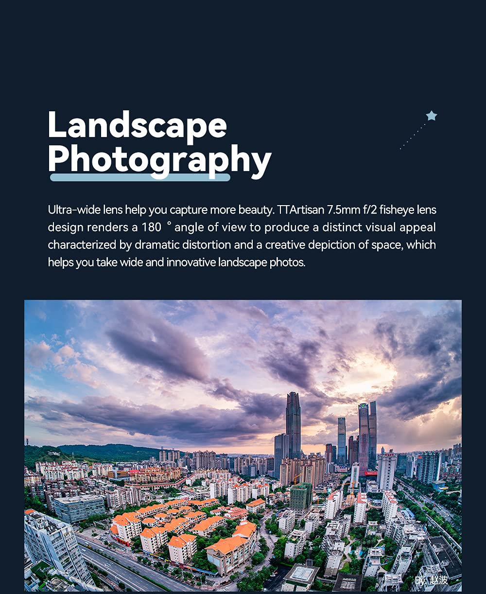 TTartisan 7.5mm f2 APS-C Wide Angle Manual Lens for Sony E Mount Cameras (A7, A7II, A7R, A7S, A6000, ZV-E10, NEX) - Perfect for Landscape, Architecture & Vlogging Photography