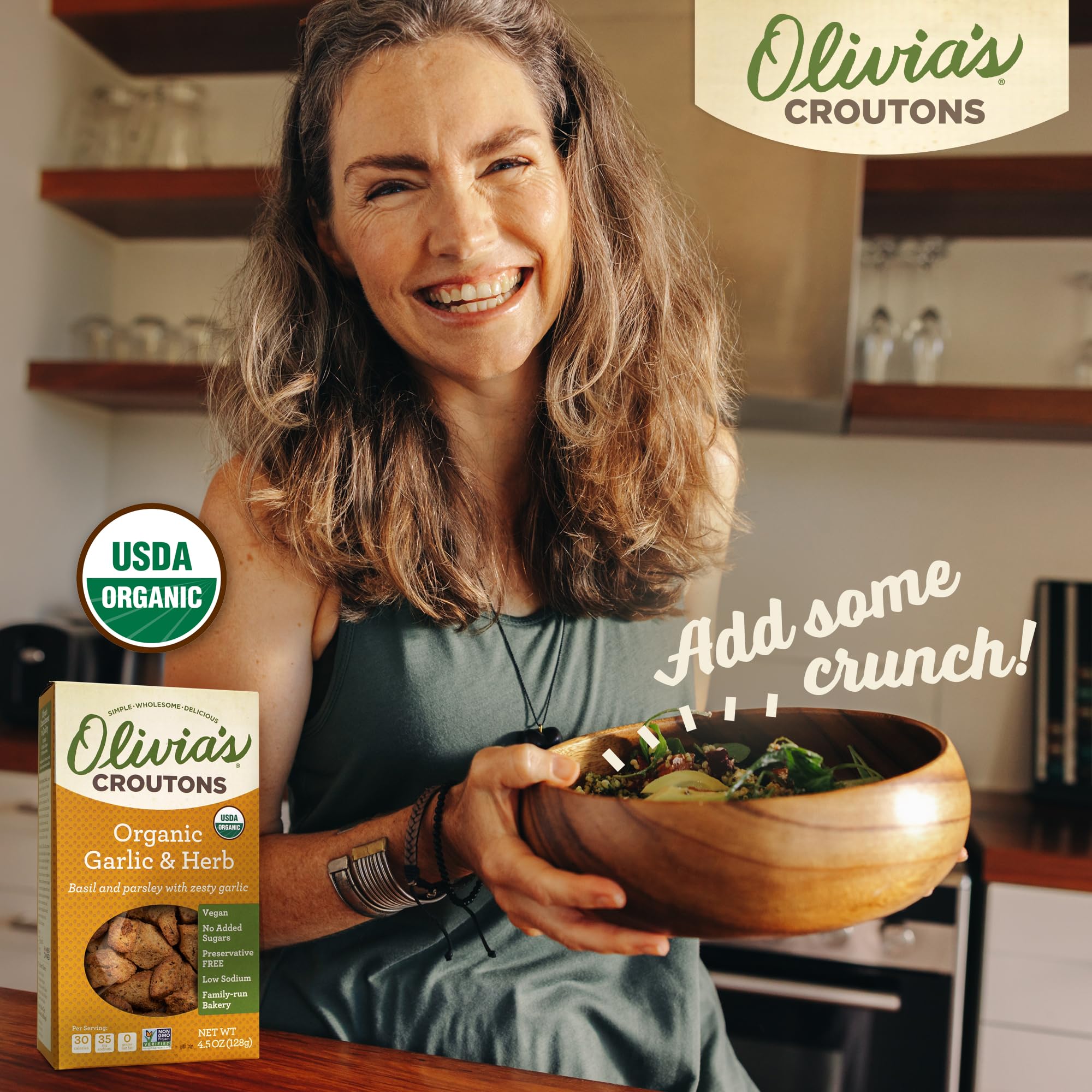 Organic Garlic & Herb Croutons for Salad - Vegan, Whole Grain Crunchy Toppings (4.5oz, 2 Packs) | Perfect for Caesar Salads, Soups & Snacks - Olivia's Croutons