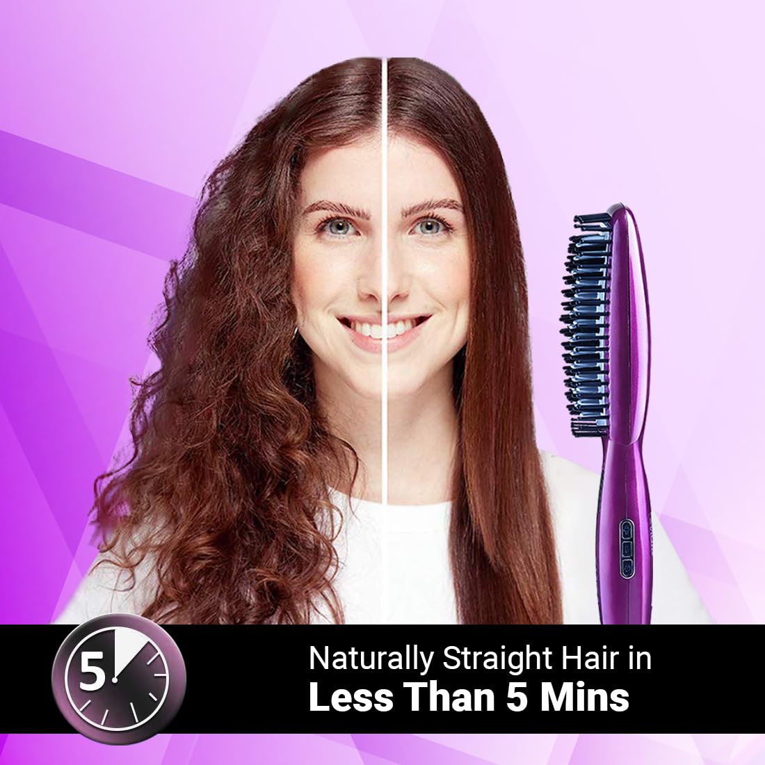 NOVA NHS 907 Professional Hair Straightener & Styling Brush - Purple | 2-in-1 Flat Iron & Volumizing Brush for Smooth, Frizz-Free Hair | Perfect for Home Use, Travel & Salon Styling