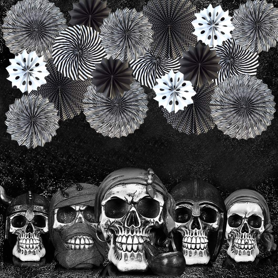 18-Piece Black and White Round Paper Fan Set - Decorative Folding Hanging Fans for Halloween, Birthday, Wedding & Graduation Parties - Perfect for Wall Decor, Ceiling Garlands, and Event Backdrops