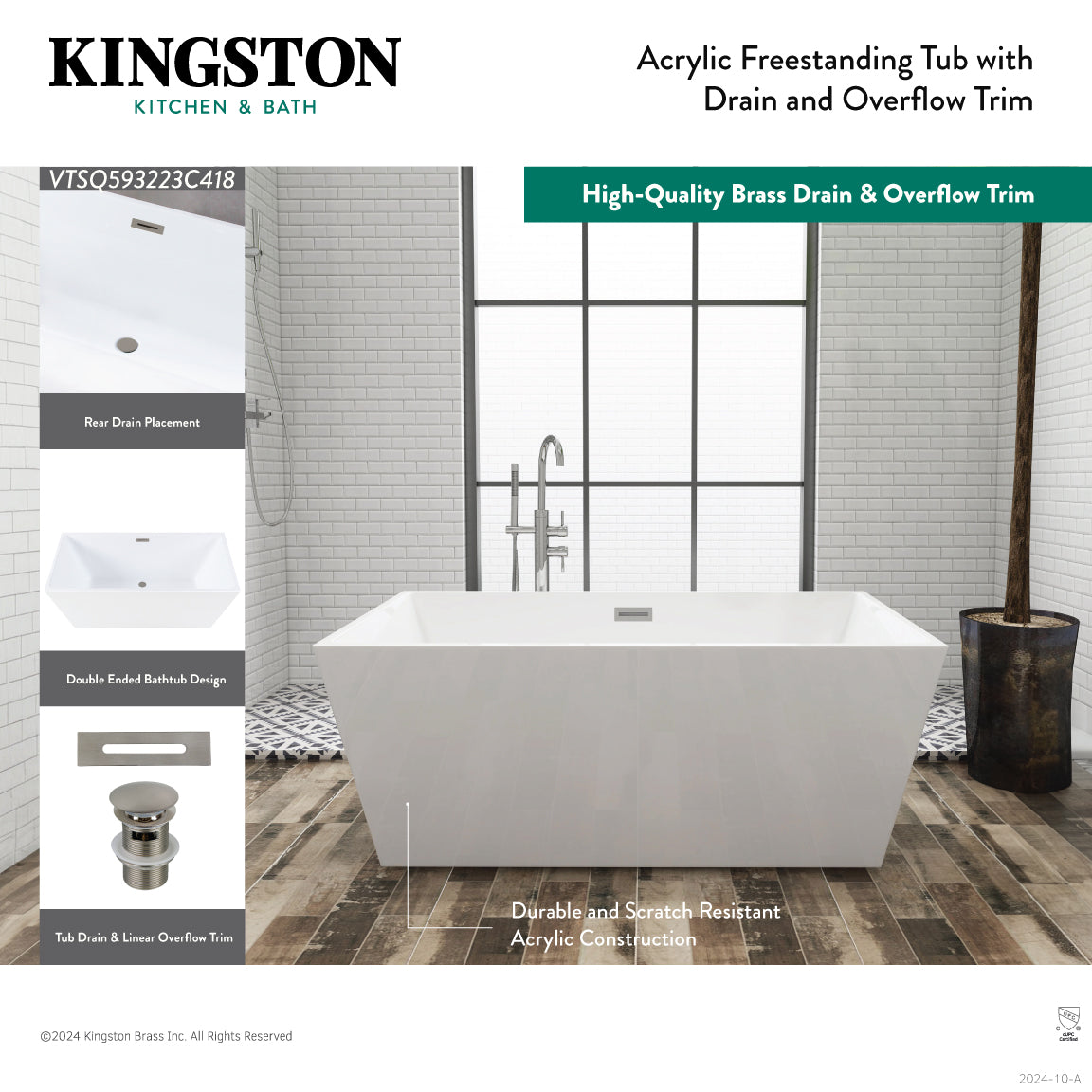 Aqua Eden 59 Inch Acrylic Freestanding Bathtub - Rectangular Double Ended Soaking Tub with Drain, Glossy White & Antique Brass Finish | Perfect for Luxury Bathrooms & Spa Retreats
