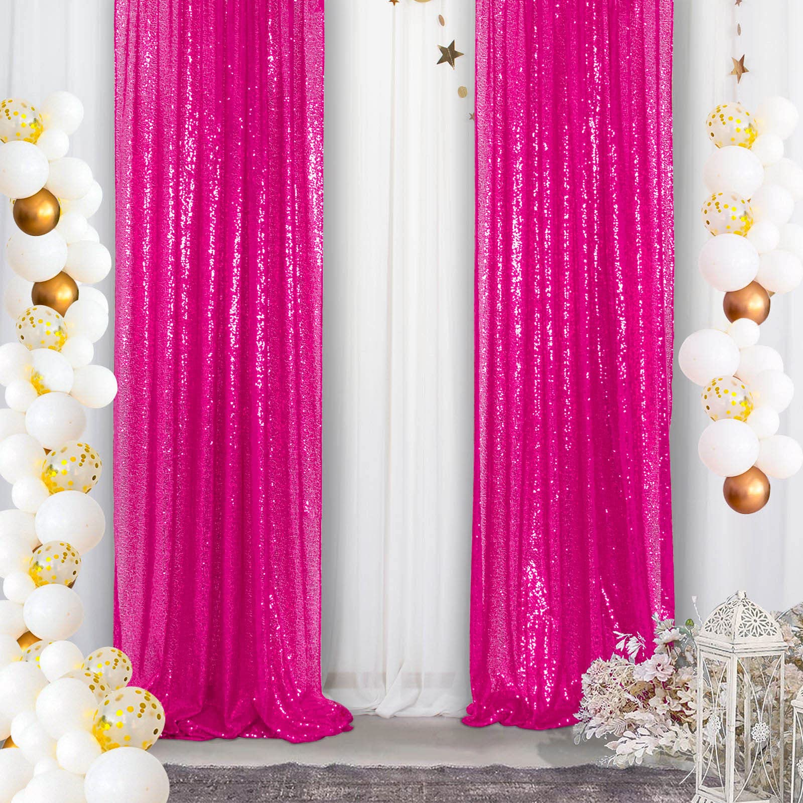 Sequin Curtains 2 Panels 2FTx8FT - Hot Pink Glitter Sequin Backdrop for Wedding, Christmas Party, Stage Decor & Photo Booth Background - Shimmering Sequin Drapes for Home, Events & Celebrations