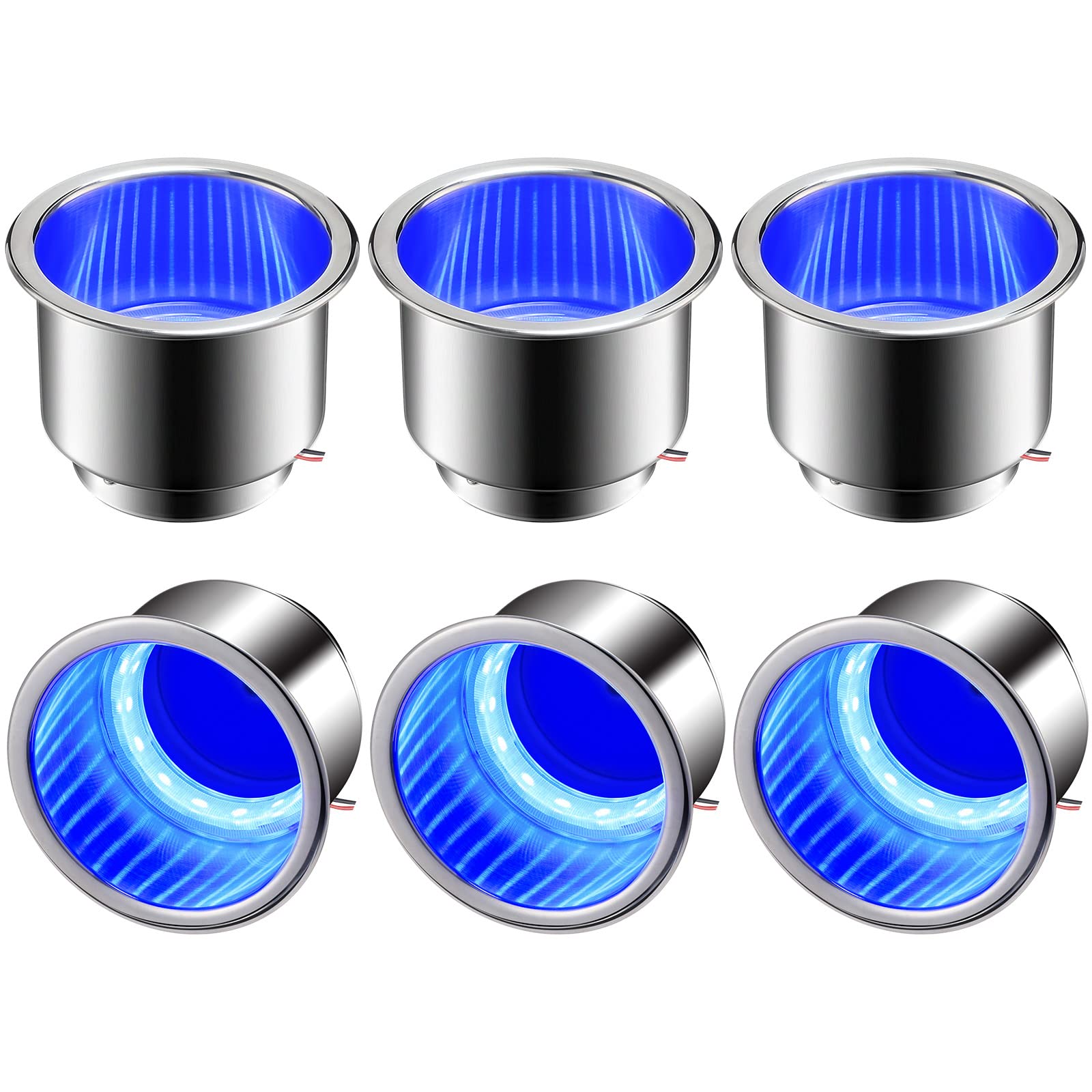 6-Pack LED Cup Holder Inserts with Drain - Stainless Steel Marine Drink Holders for Boat, Yacht, Car, Camper, Truck & RV - Blue Ambient Lighting for Night Driving & Party Decor