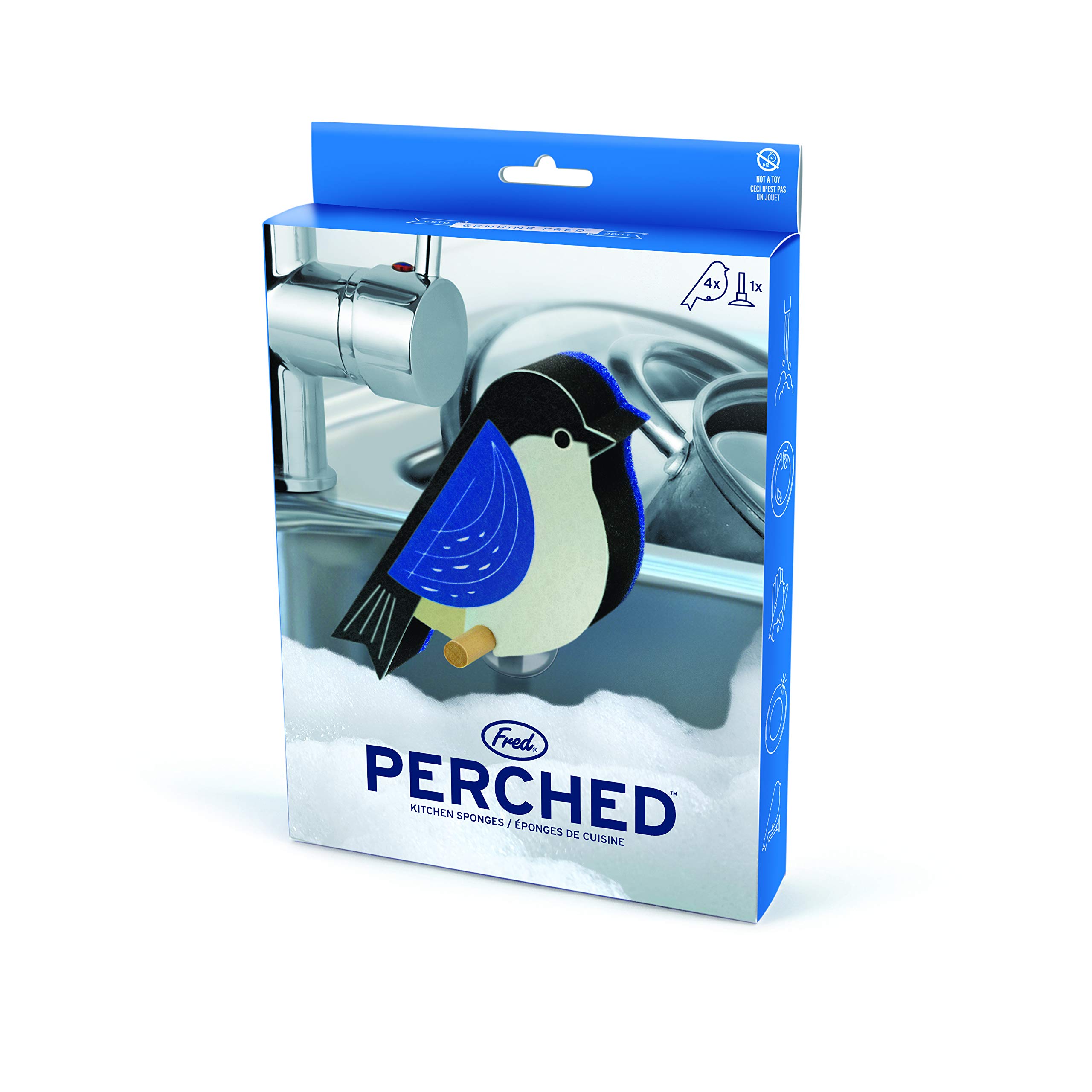 Genuine Fred Perched Bird Sponges Set of 4 - Non-Scratch Multi-Layer Sponges with Suction Cup Wooden Perch for Safe Dishwashing | Modern Kitchen Cleaning Sponges for Pots, Pans & Cookware