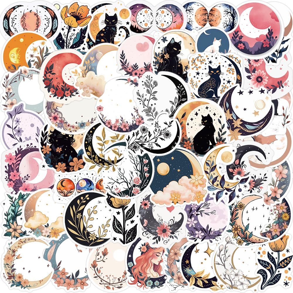 50Pcs Boho Cottagecore Moon Art Stickers - Aesthetic Vintage Moon Flower Cat Decals for Water Bottles, Laptops, Journals, Scrapbooking - Perfect for DIY Crafts, Room Decor & Gift Wrapping