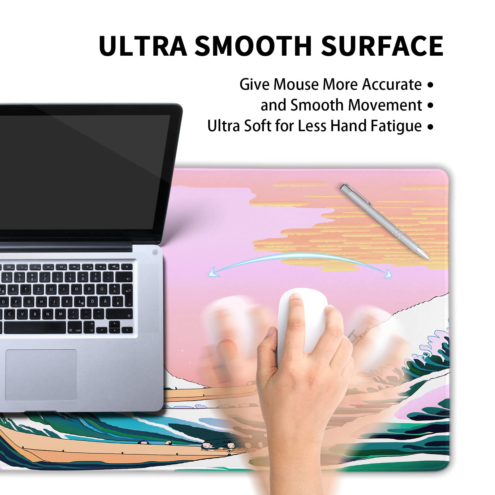 Kawaii Pink Japanese Wave Aesthetic Mouse Pad - Non-Slip Rubber Base XXL Extended Desk Mat (90x40cm/35.4x15.7in) for Gaming, Office & Computer Use - Perfect for Laptop, Keyboard & Desktop Workspace Decor