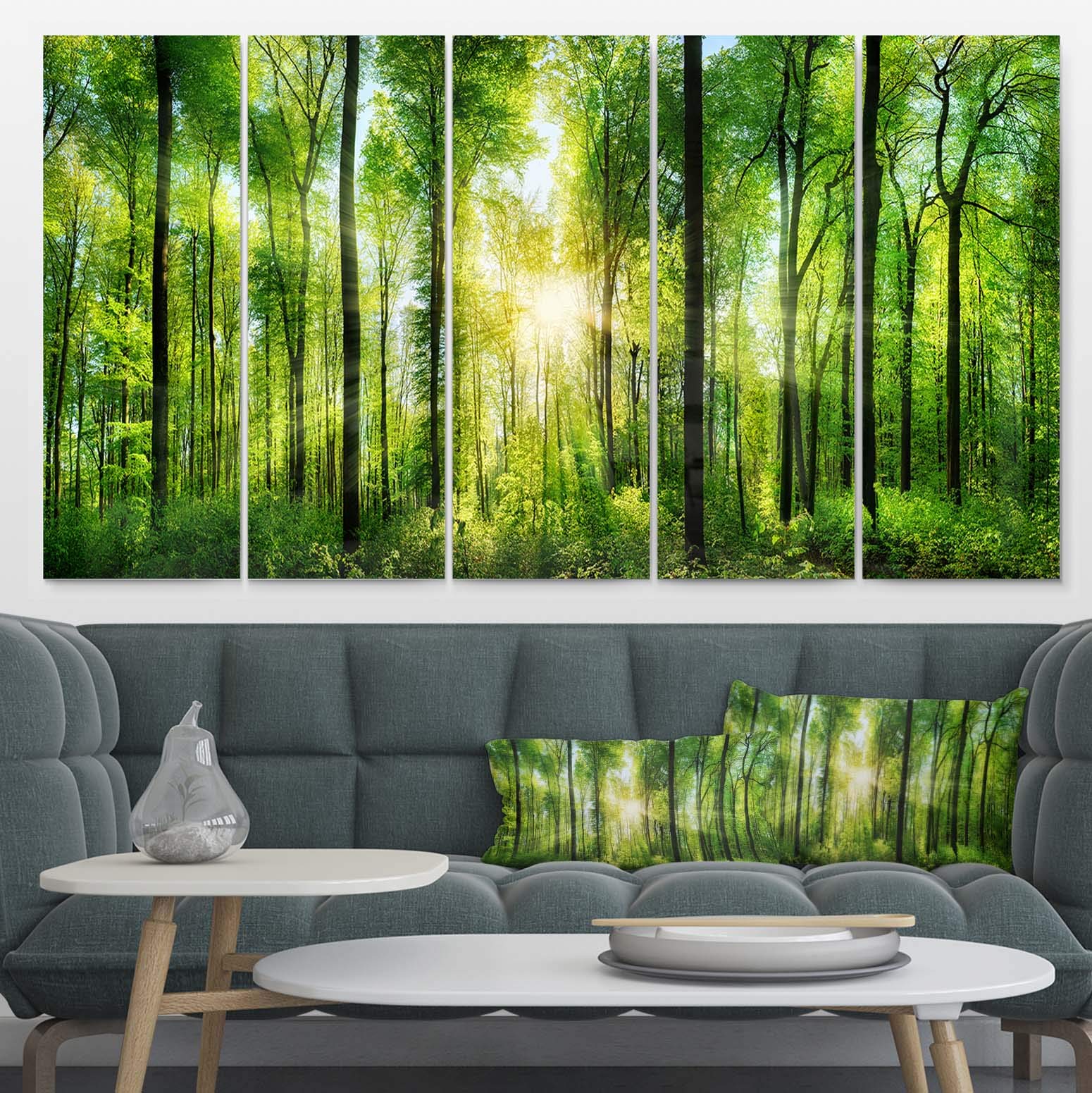 Forest with Sun Rays Panoramic Metal Wall Art - 5 Panel Landscape Decor - 60x28 Inches - Modern Home & Office Wall Decor for Living Room, Bedroom, or Office Spaces