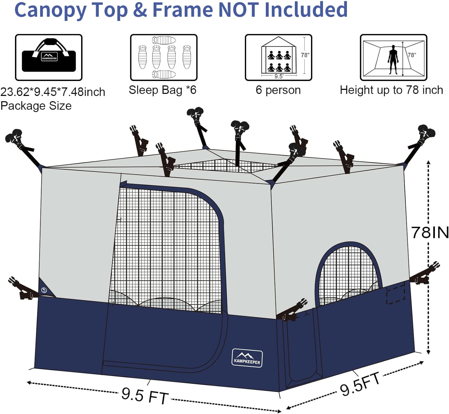 KAMPKEEPER 10'x10' Camping Inner Tent for Pop Up Canopy - Convert Straight Leg Canopy to Camping Tent with Dog Hole & Ventilated Roof (Canopy & Frame Not Included) - Navy Blue - Perfect for Outdoor Camping, Backpacking & Family Adventures