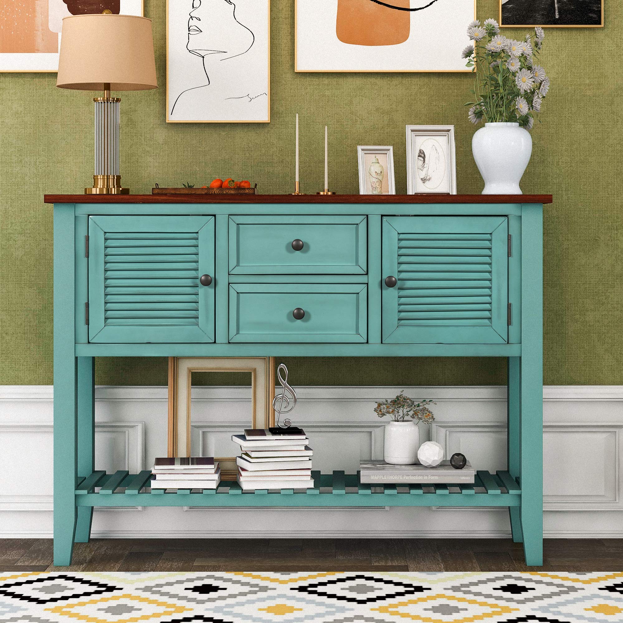 Vintage Retro Console Table Sofa Table - Solid Wood Entryway Table with 2 Storage Drawers & 2 Shutter Doors - Mid Century Modern Sideboard for Living Room, Dining Room, Hallway (Antique Blue) | Perfect for Small Space Decor, Farmhouse Style Homes & Apartment Entryways