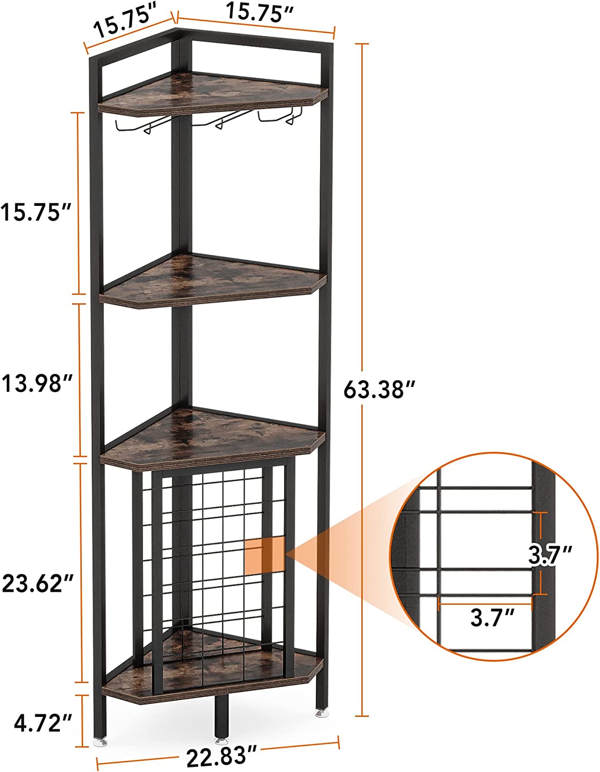4 Tier Corner Wine Rack with Glass Holder & Storage Shelves - Space Saving Wine Storage for Kitchen, Bar, Dining Room & Home Decor